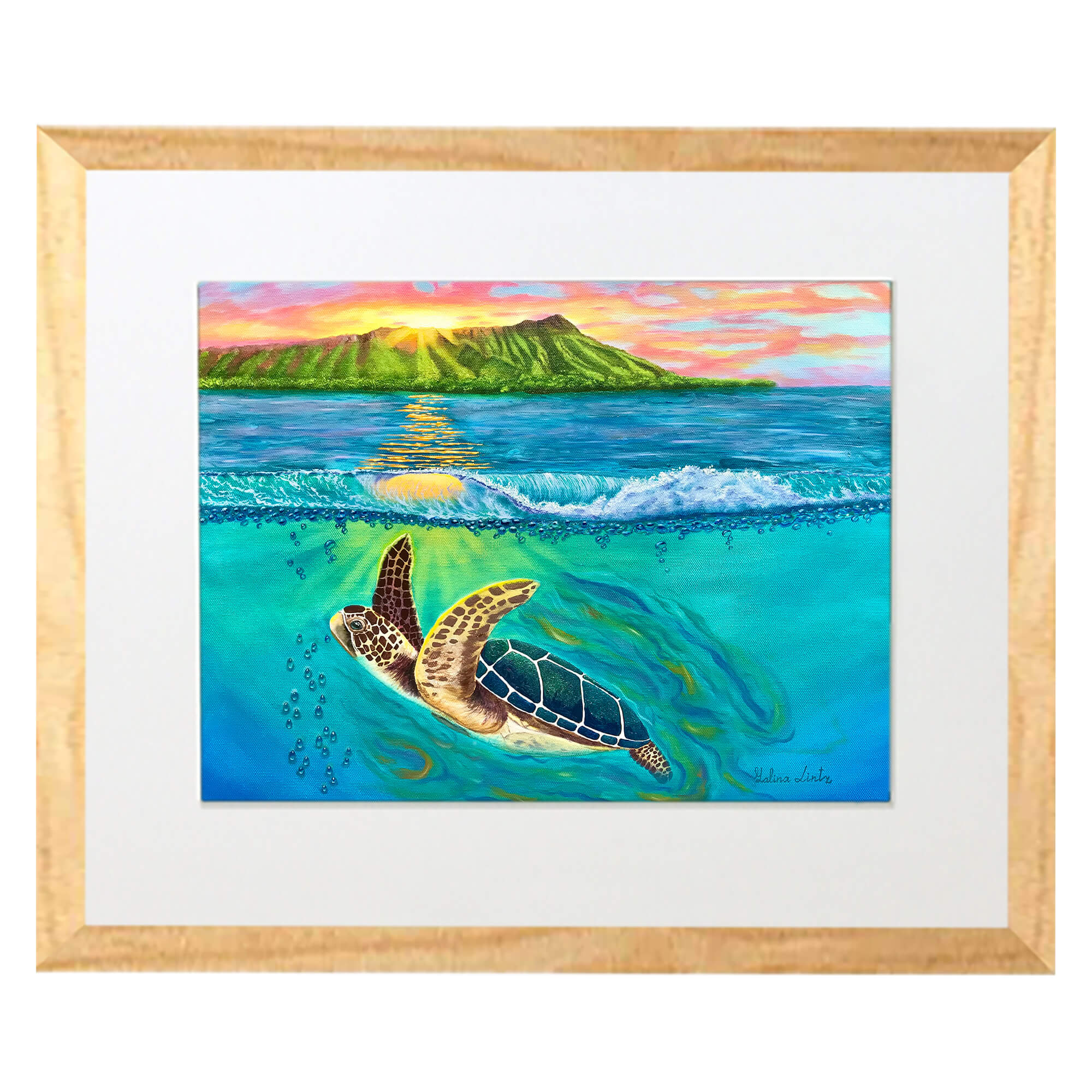 Matted art print with wood frame showcasing  pink with orange clouds by hawaii artist Galina Lintz