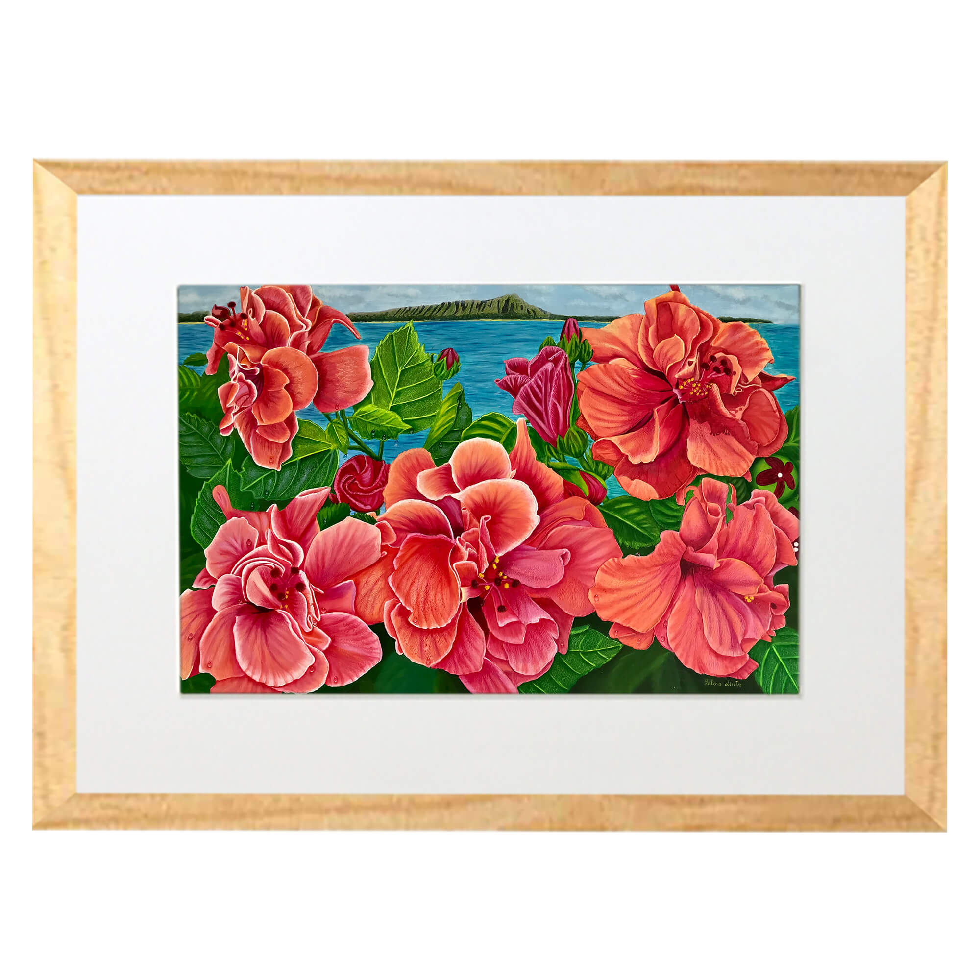 Matted art print with wood frame showcasing a blooming flower by hawaii artist  Galina Lintz