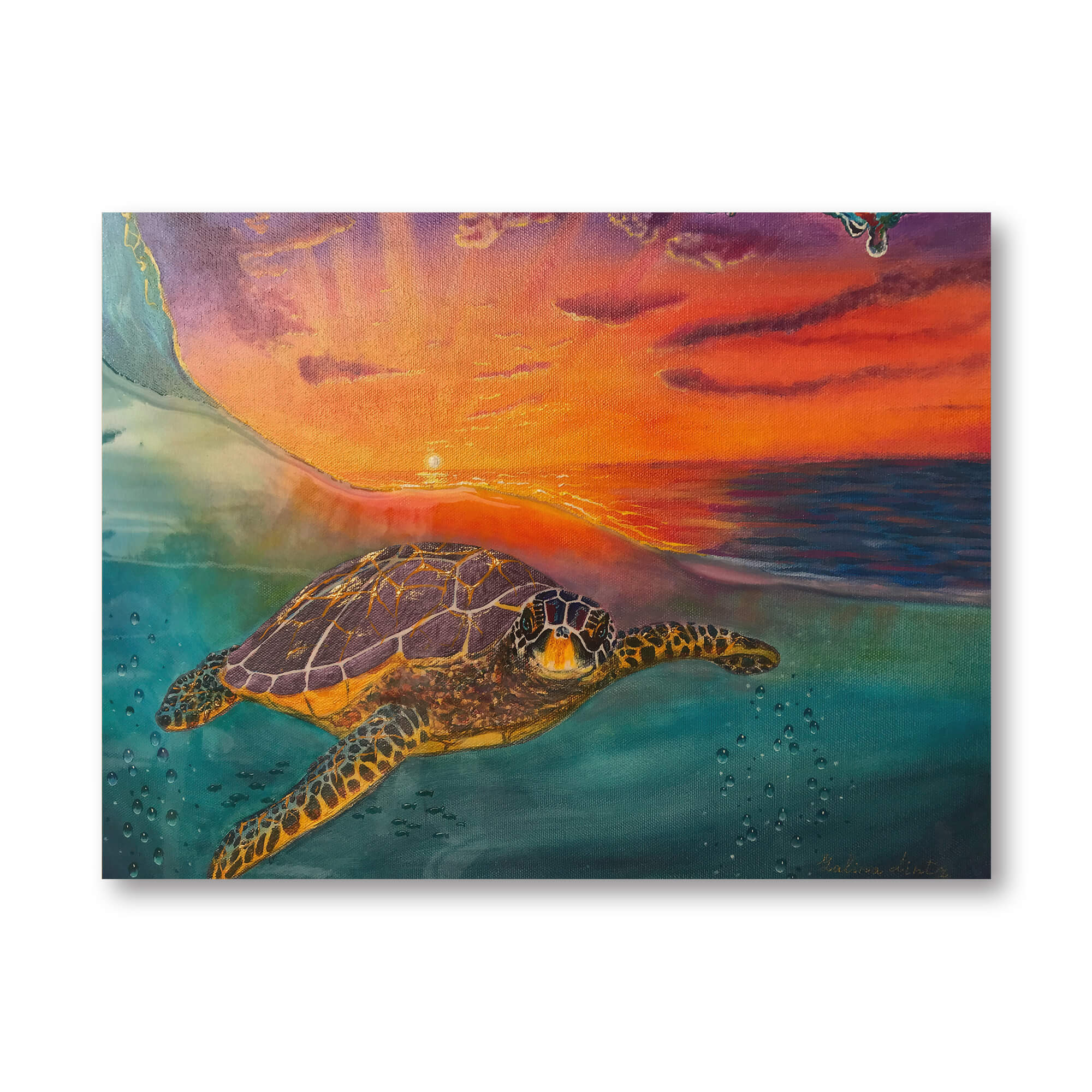 Wood art print featuring the orange with yelllow sky by hawaii artist  Galina Lintz