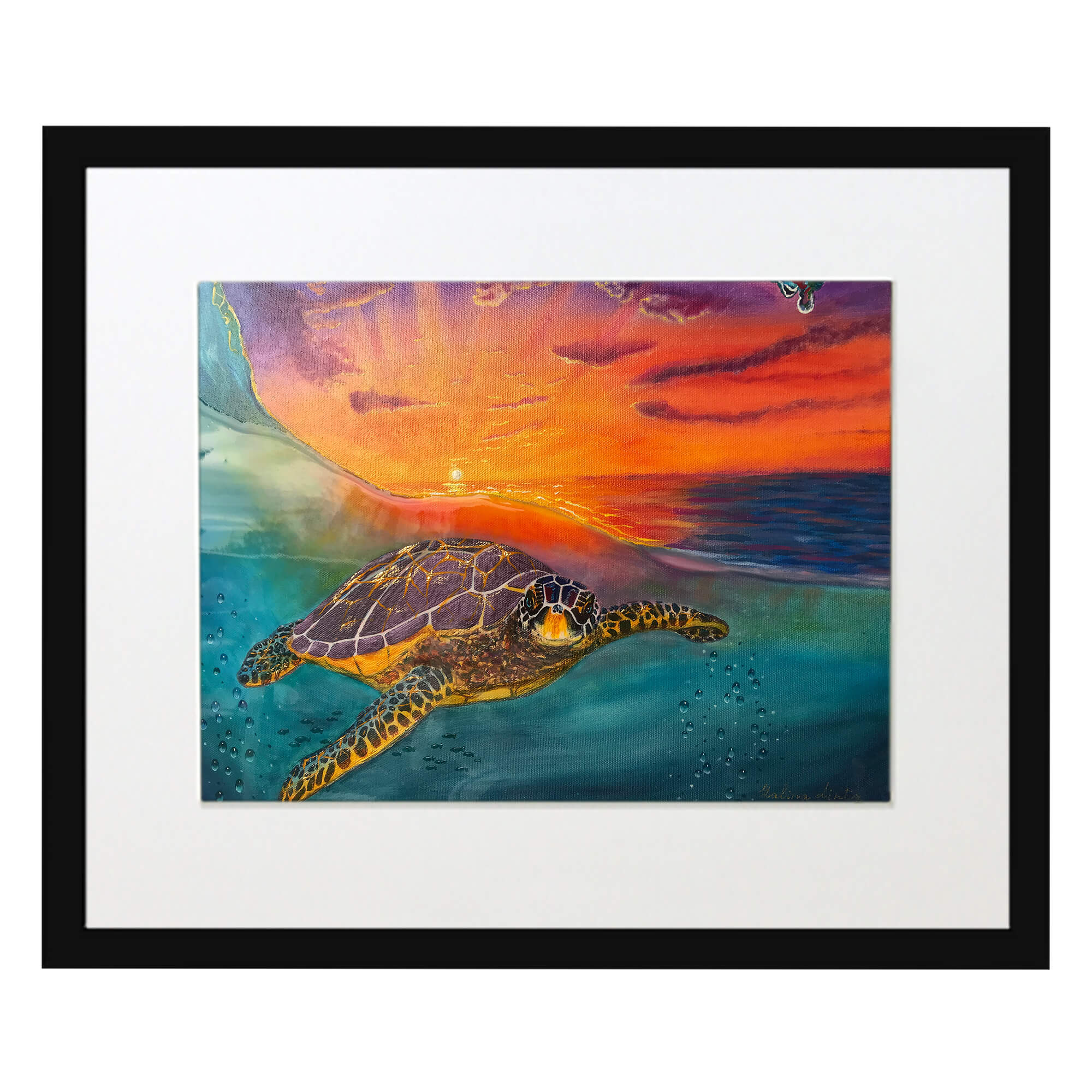Matted art print with black frame featuring the sunset by hawaii artist  Galina Lintz