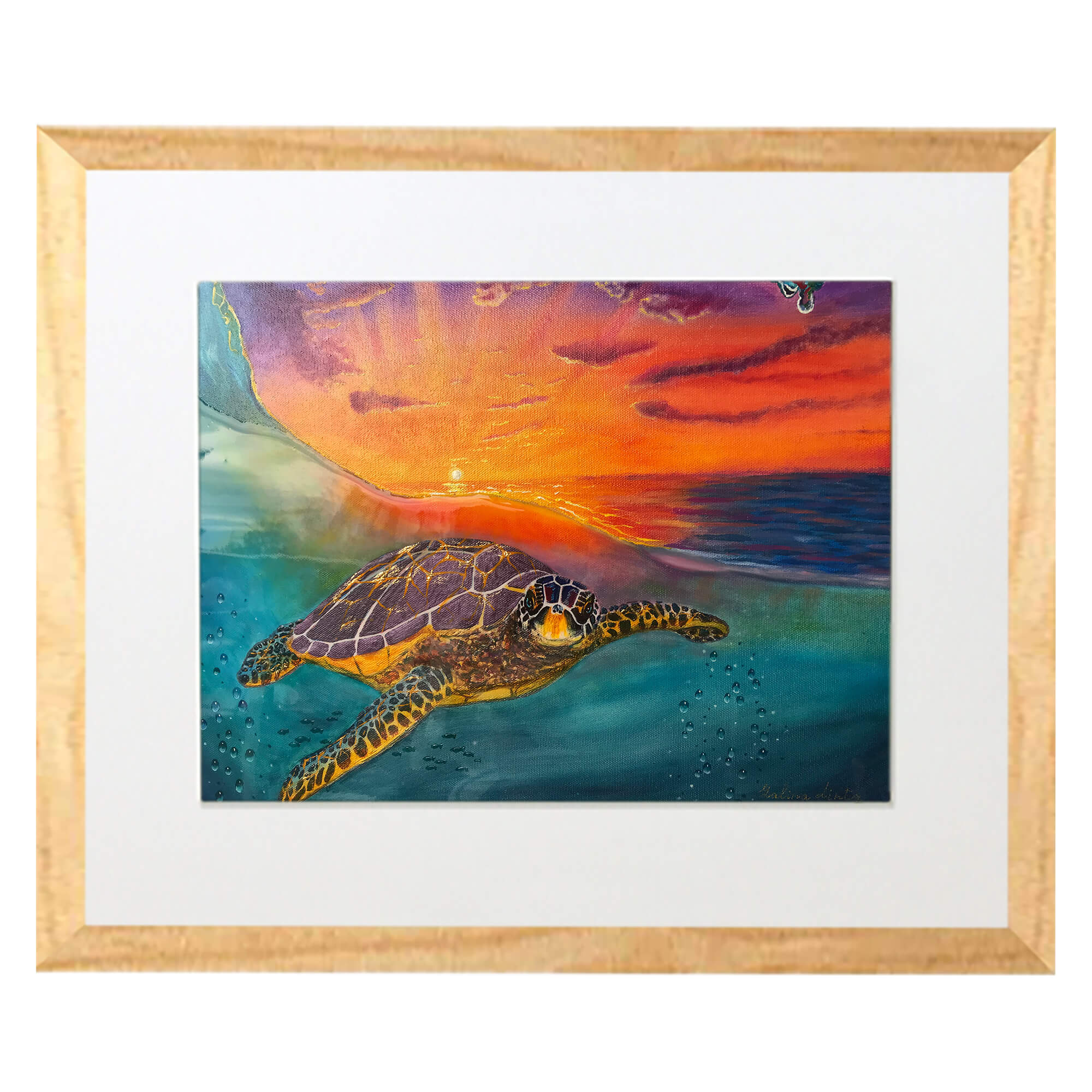 Matted art print with wood frame featuring a brown turtle by hawaii artist  Galina Lintzn