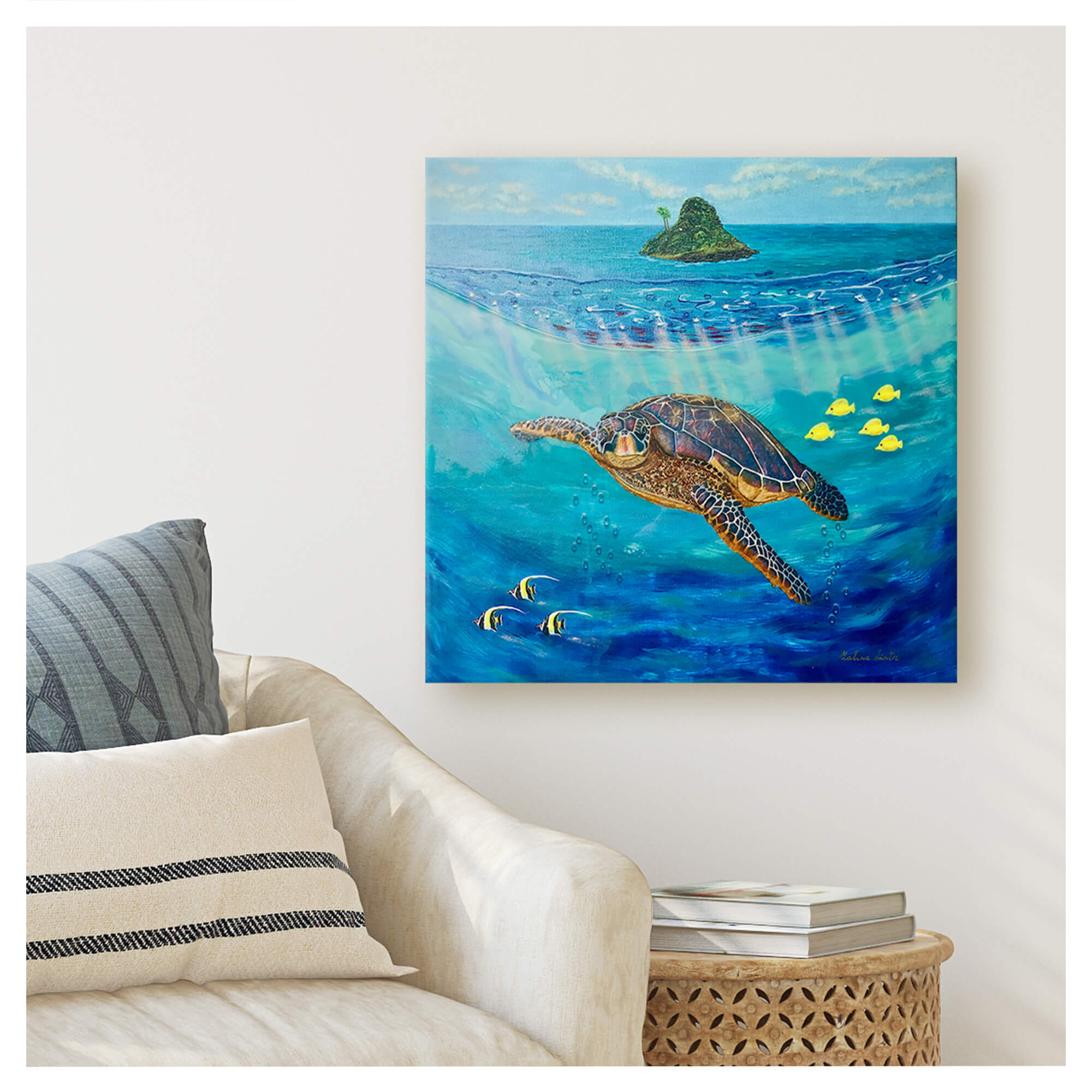 Canvas art print featuring a turtle underwater by hawaii artist Galina Lintz