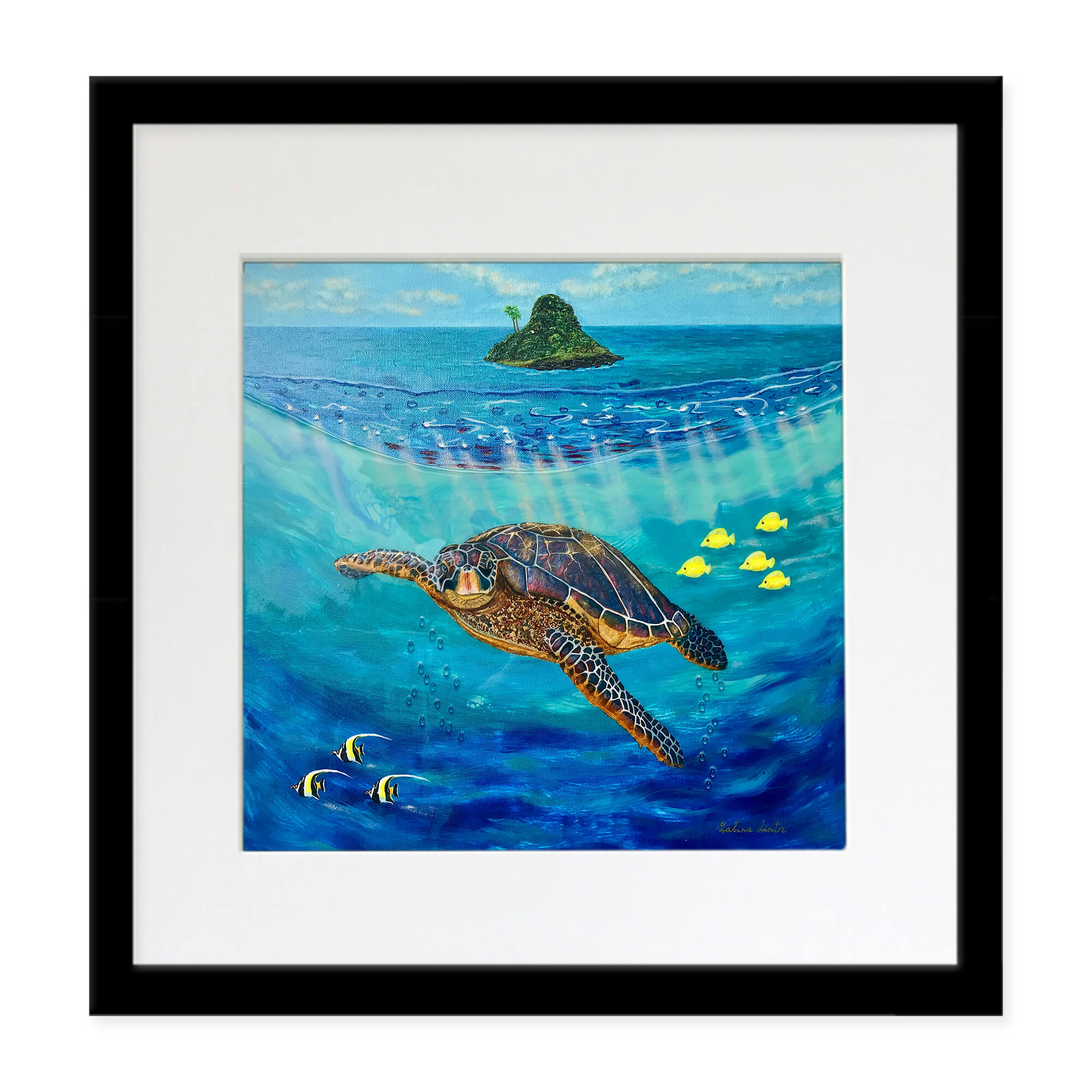 Matted art print with black frame showcasing a brown turtle by hawaii artist  Galina Lintz