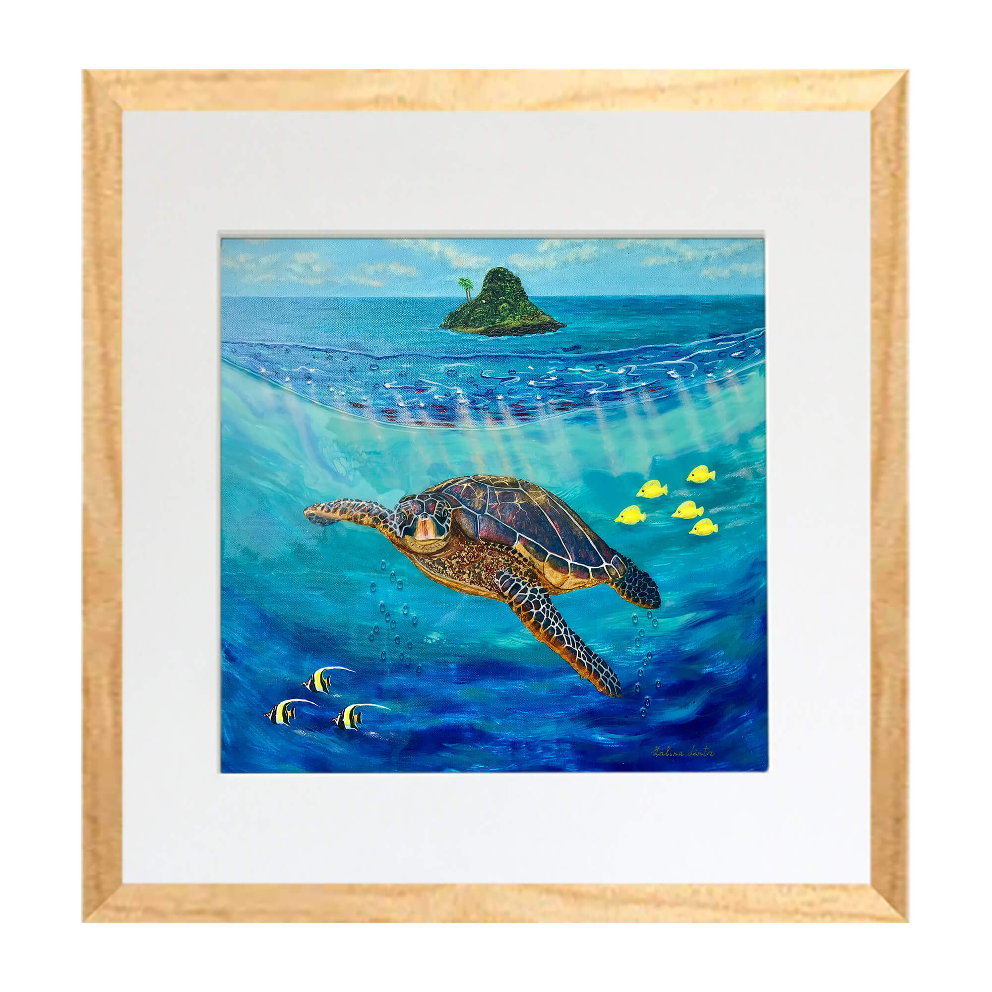 Matted art print with wood frame showcasing different types of fishes underwater by hawaii artist  Galina Lintz