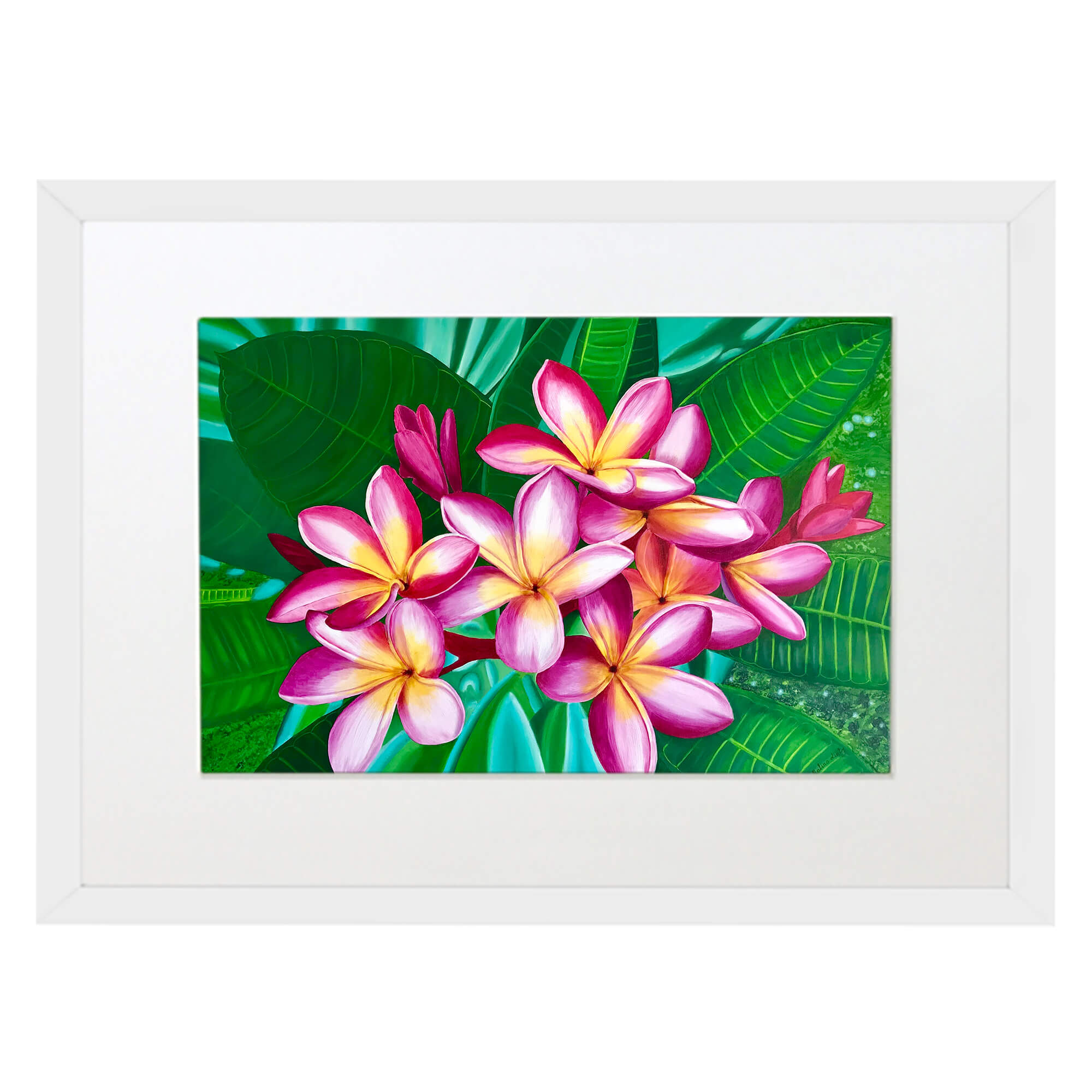 Matted art print with white frame featuring a magenta flower by hawaii artiist Galina Lintz 