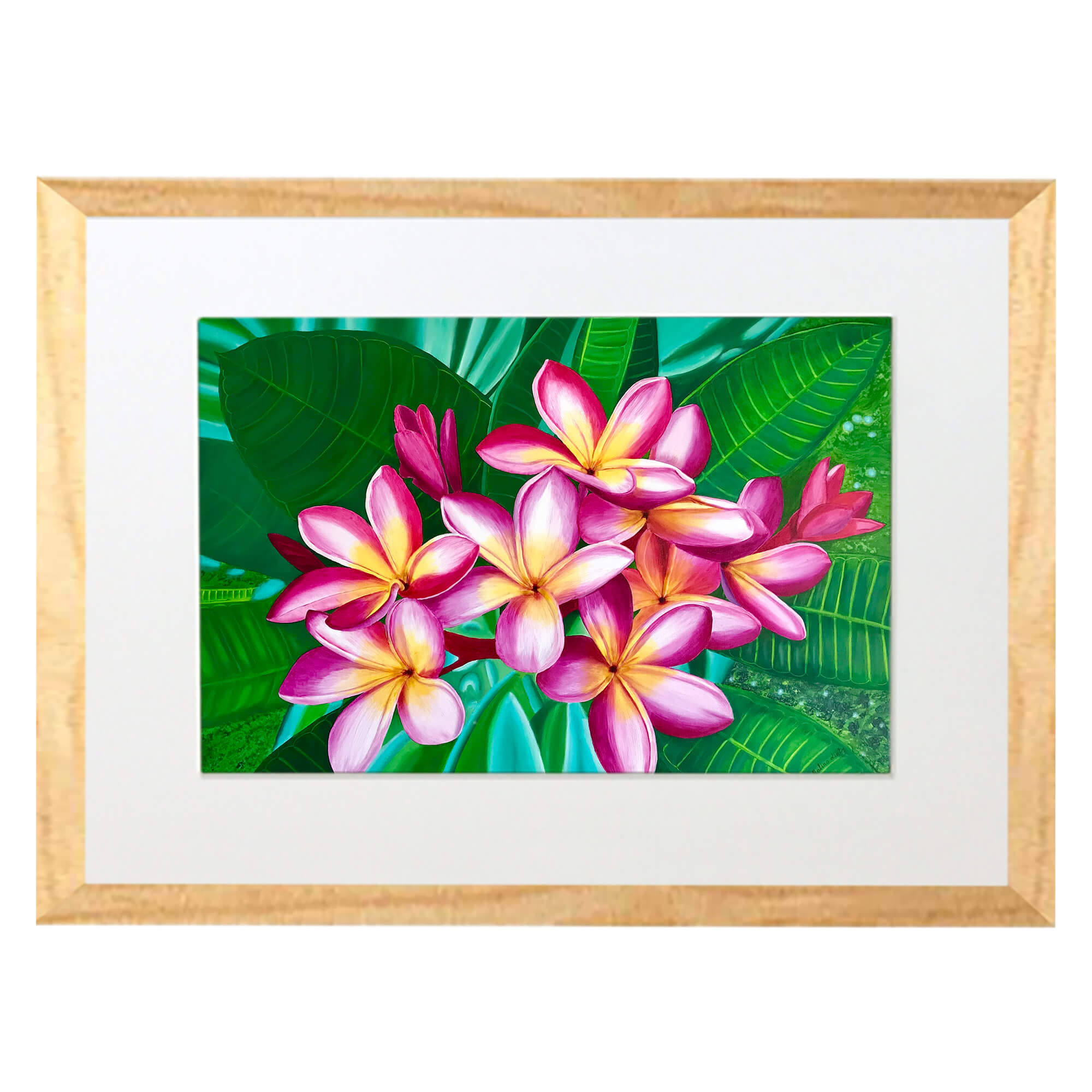 Matted art print with wood frame showcasing magenta flowers blooming by hawaii artist Galina Lintz 