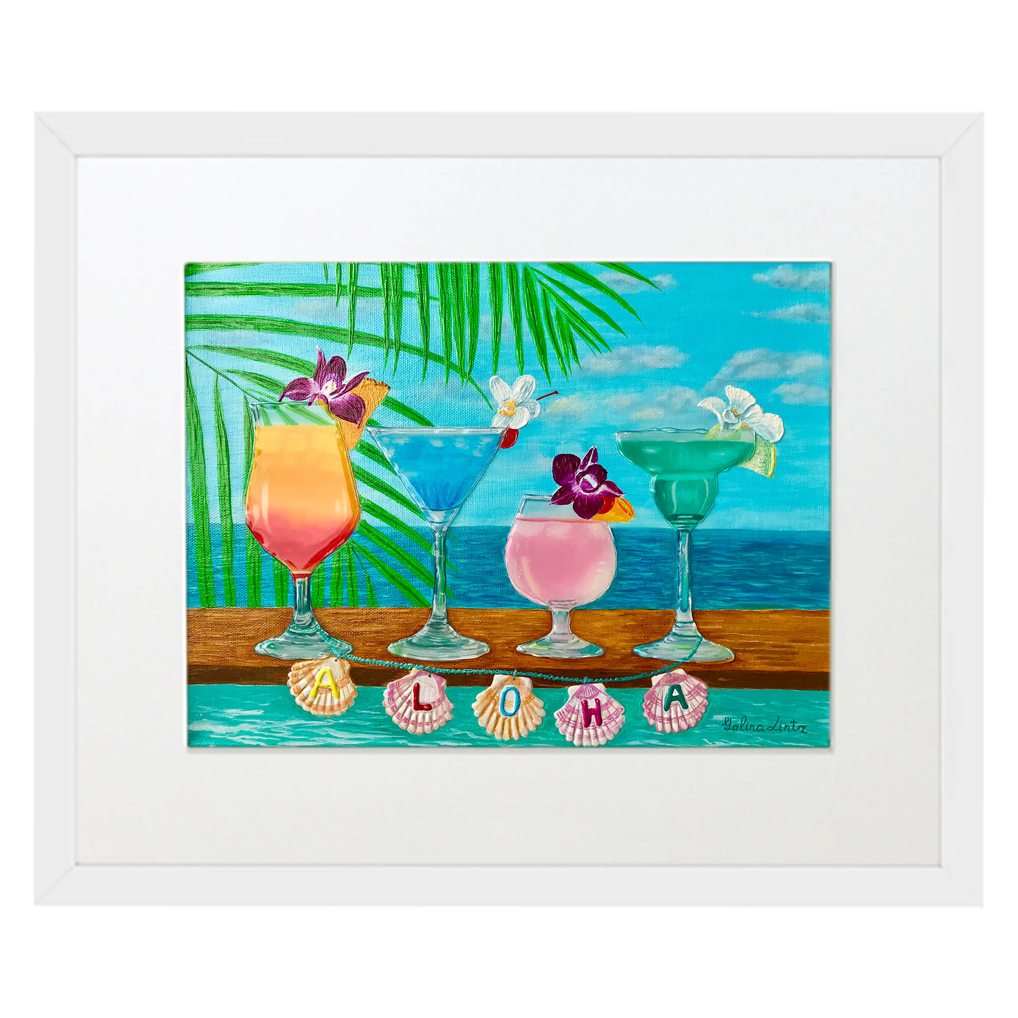 Matted art print with white frame featuring a palm tree leaf by hawaii artist Galina Lintz