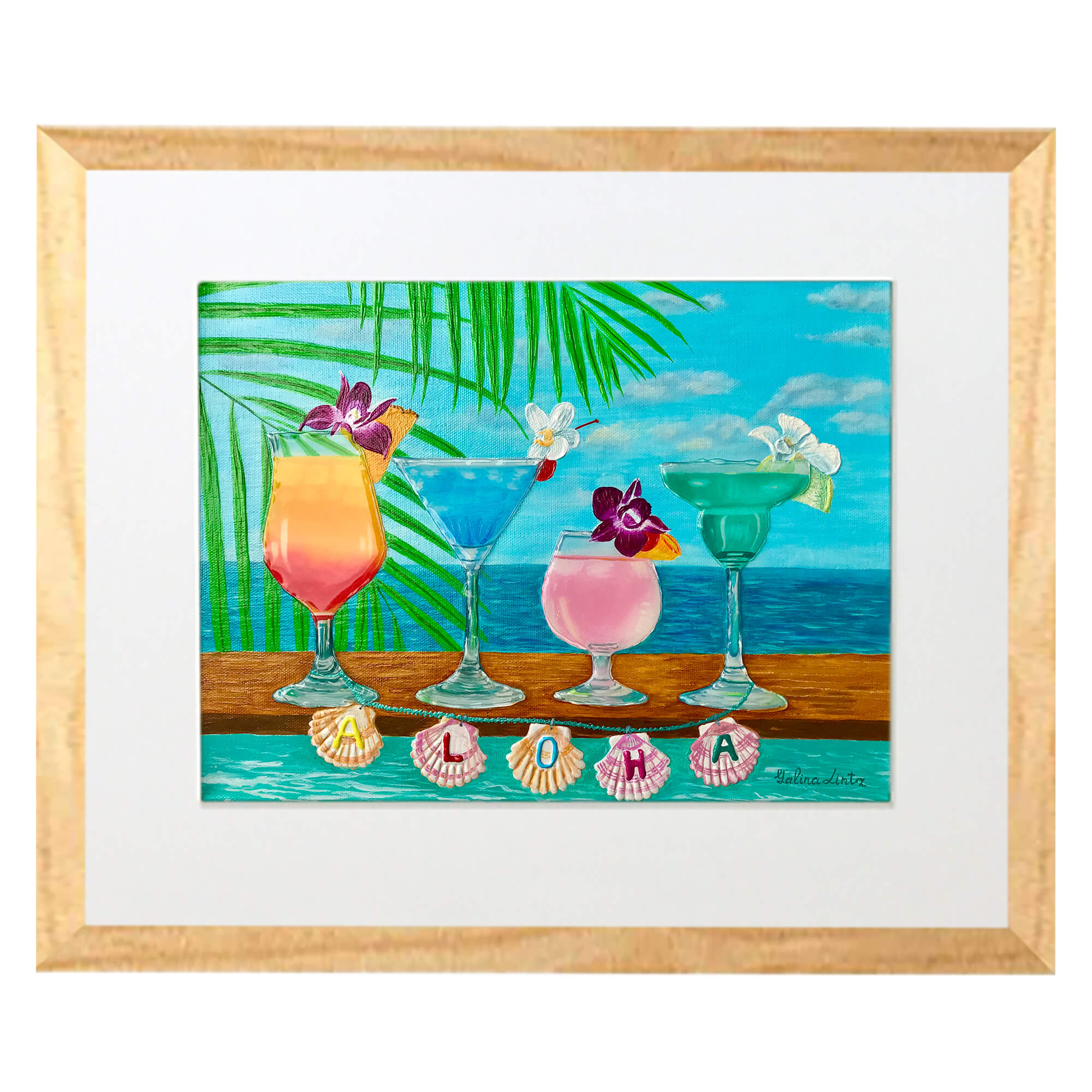Matted art print with wood frame  featuring colorful tequilas by hawaii artist Galina Lintz