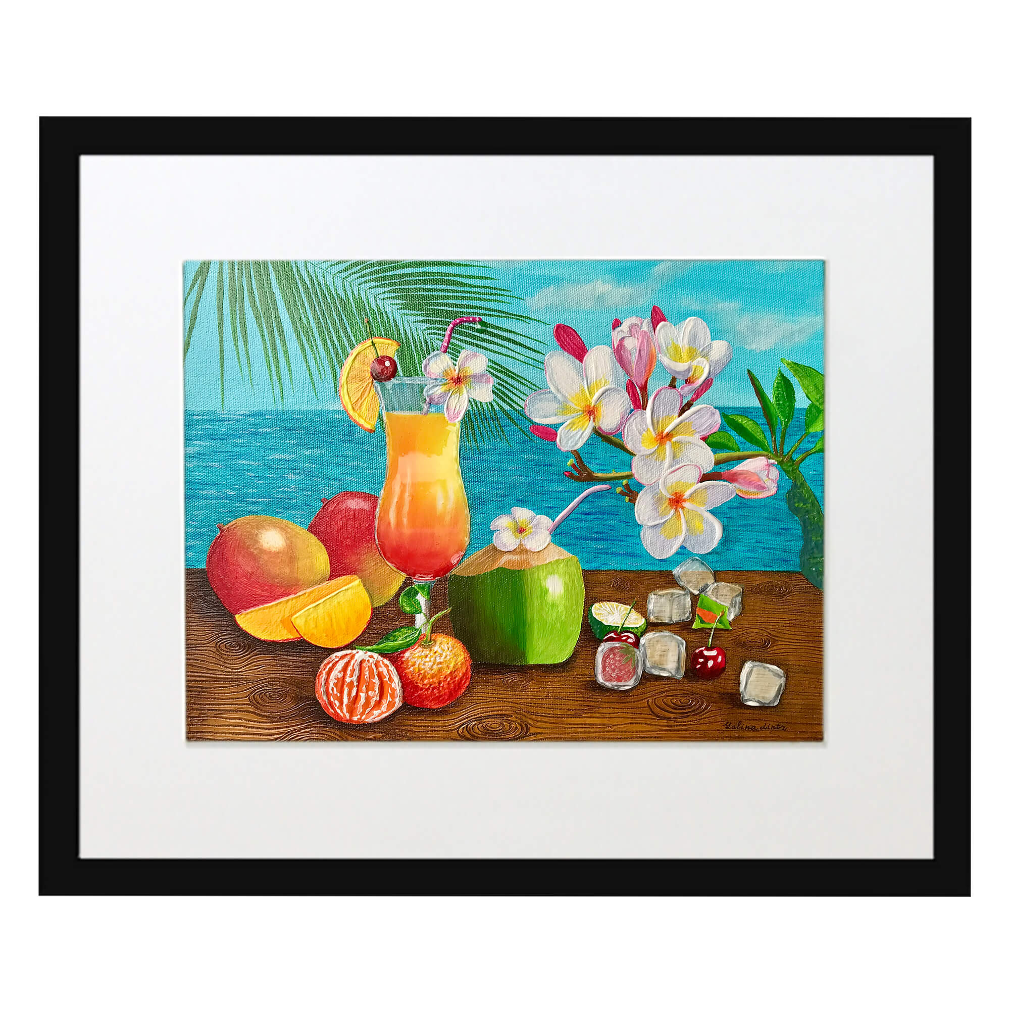 Matted art print with black frame showcasing white flowers by hawaii artist Galina Lintz