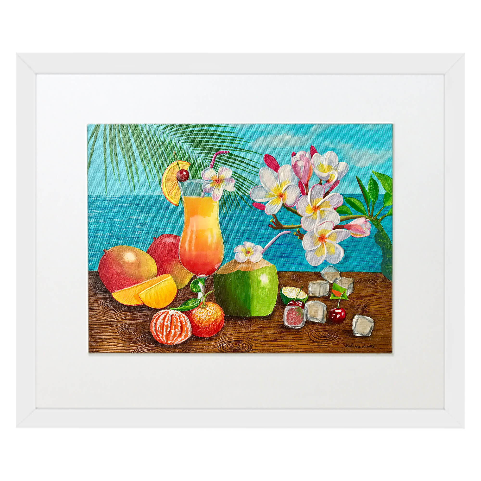 Matted art print with white frame  featuring a fruit drink by hawaii artist Galina Lintz