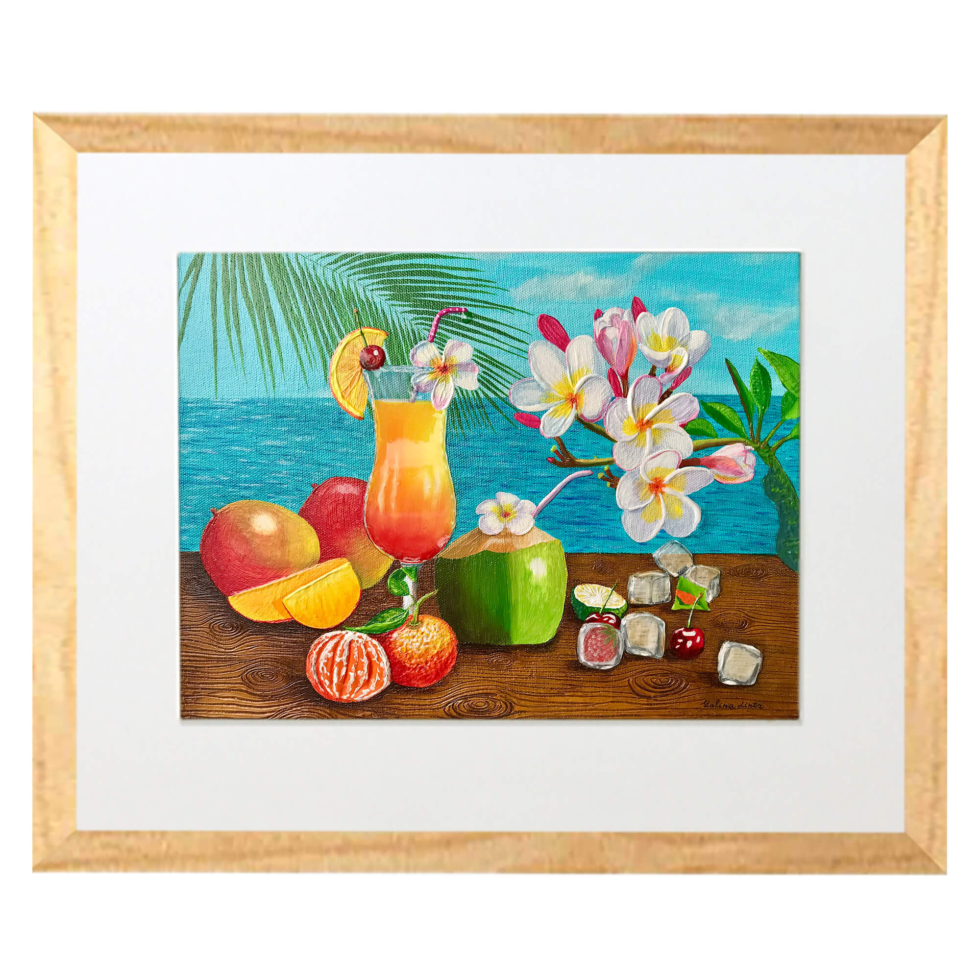 Matted art print with wood frame showcasing an orange by hawaii artist Galina Lintz