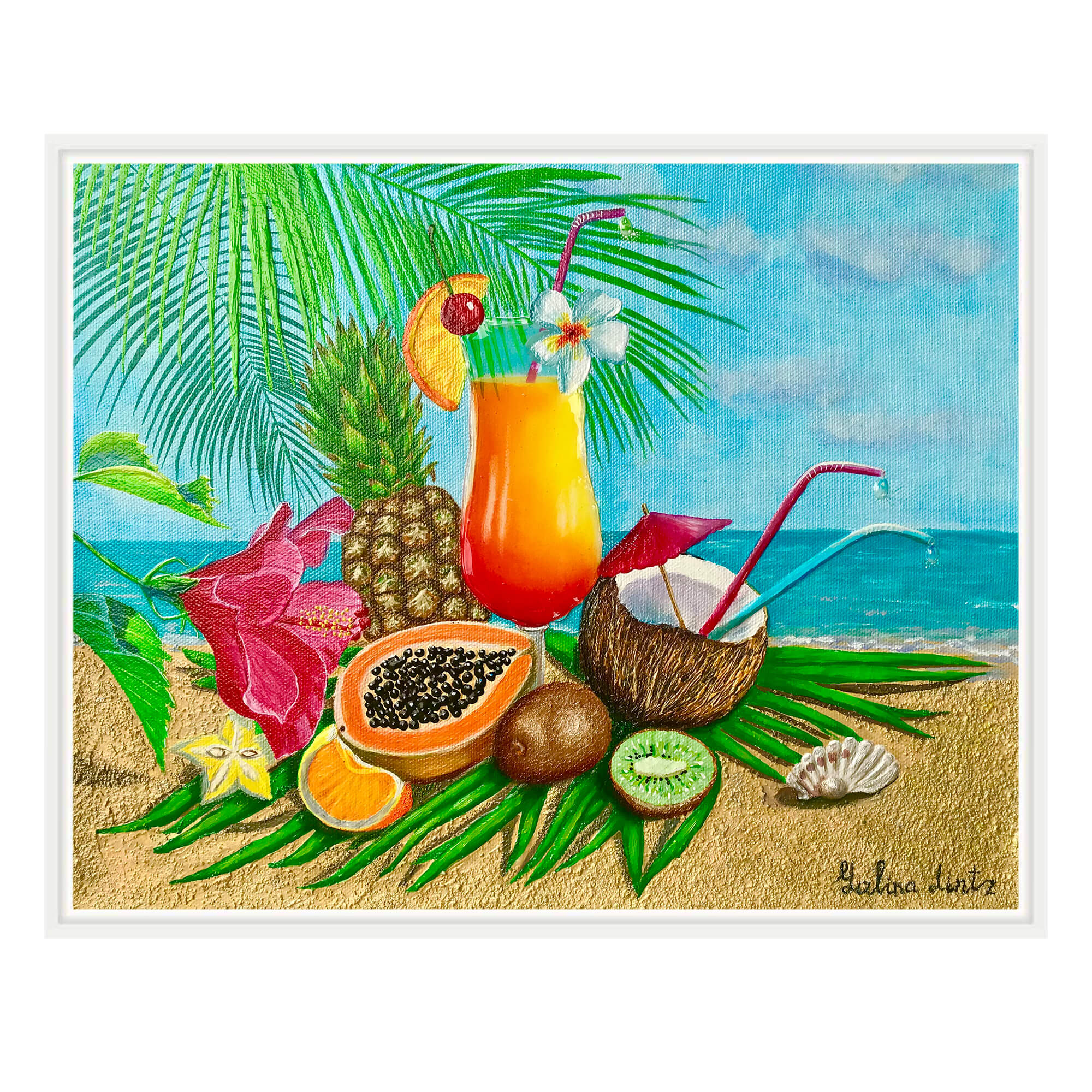Canvas art print with white frame featuring a palm tree leaf by hawaii artist Galina Lintz