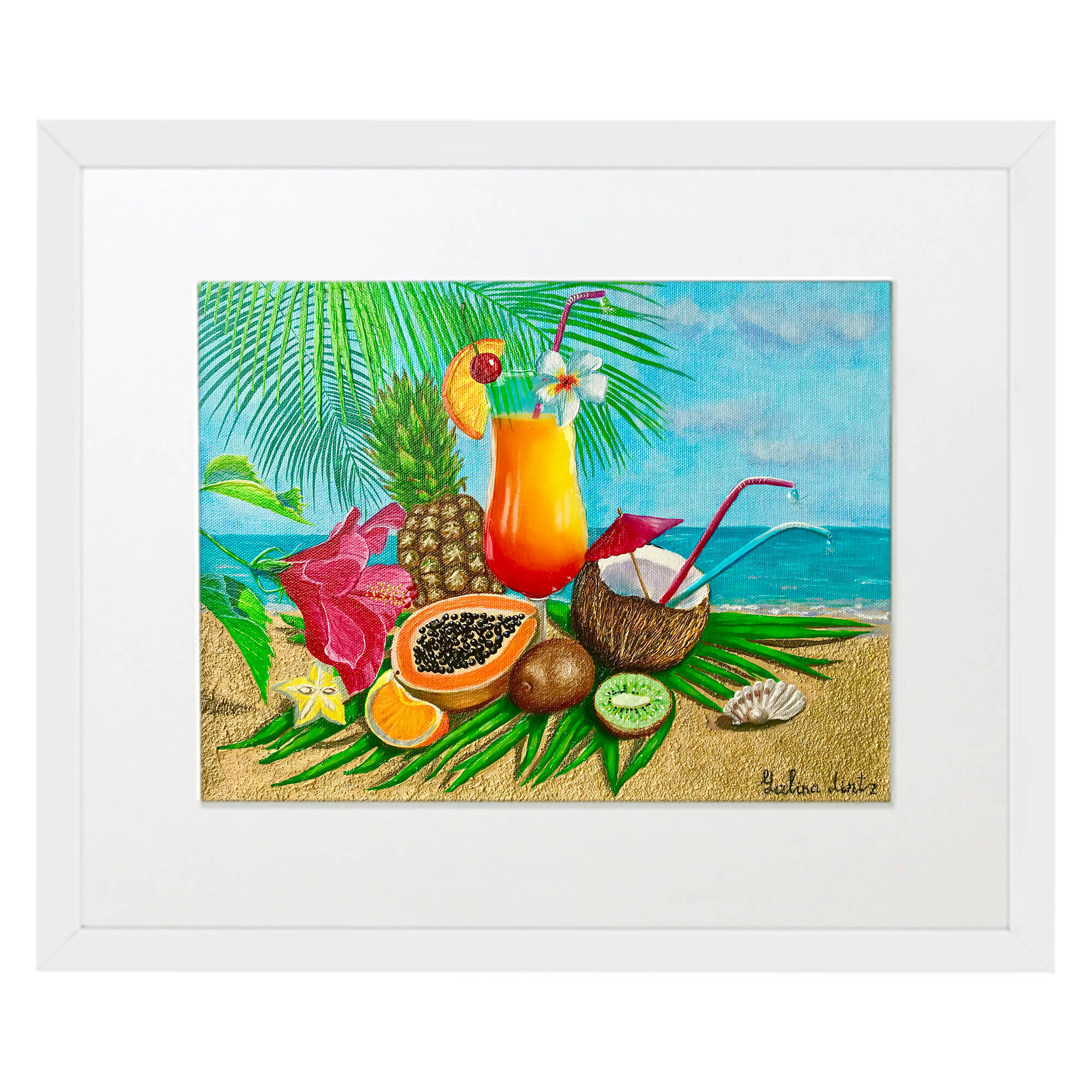Matted art print with white frame showcasing a papaya by hawaii artist Galina Lintz