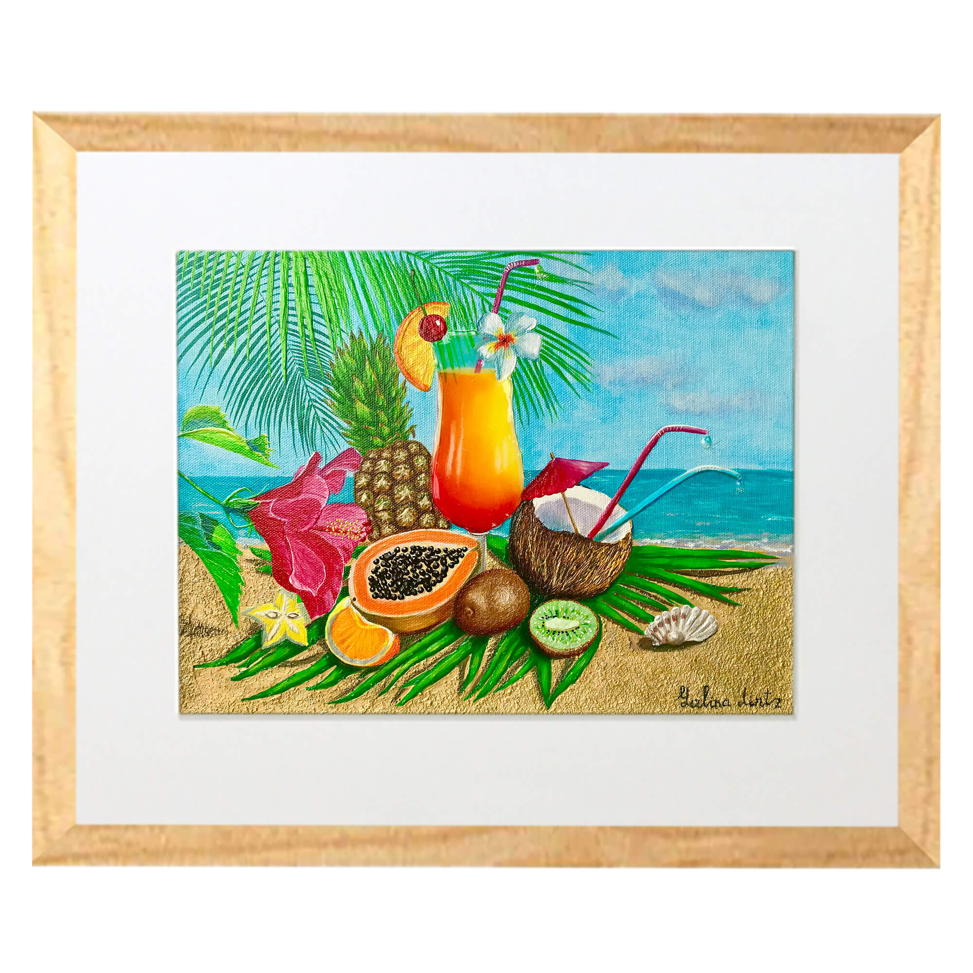 Matted art print with wood frame featuring a coconut by hawaii artist Galina Lintz