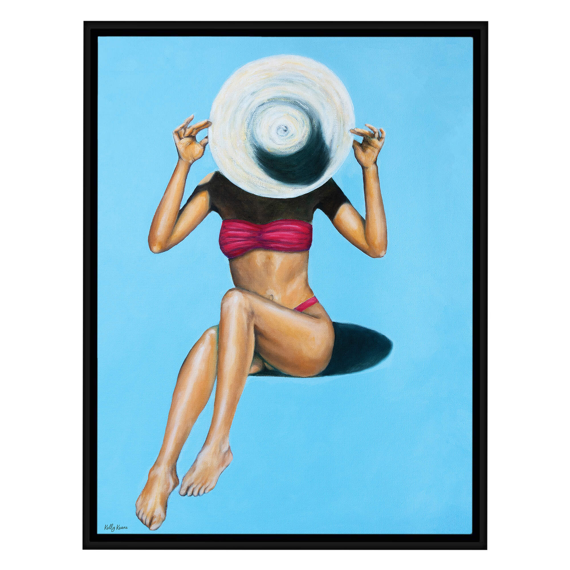 Canvas art print featuring a woman sitting with sky blue background by Hawaii artist Kelly Keane