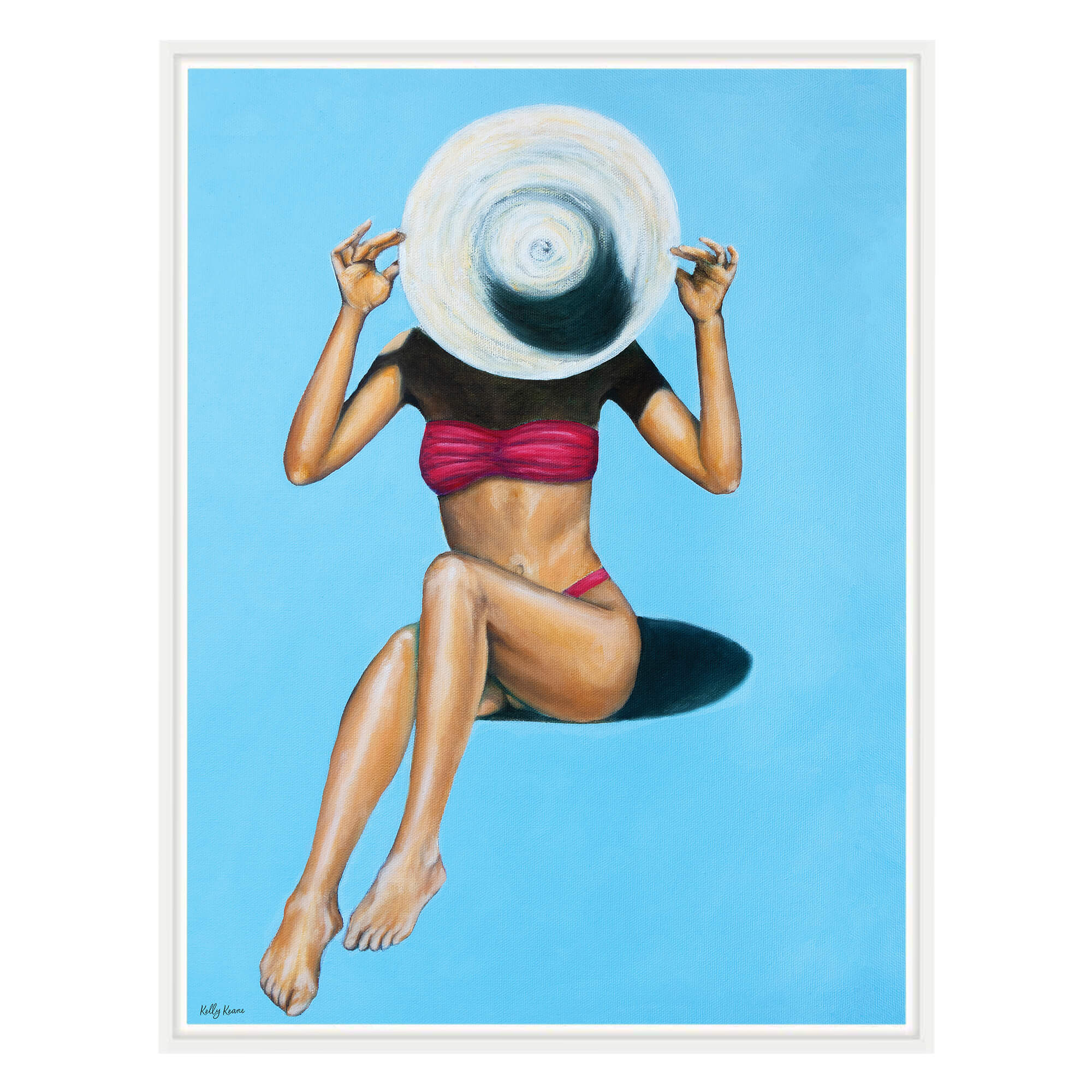 Canvas art print featuring a woman covering her face with a white hat by Hawaii artist Kelly Keane