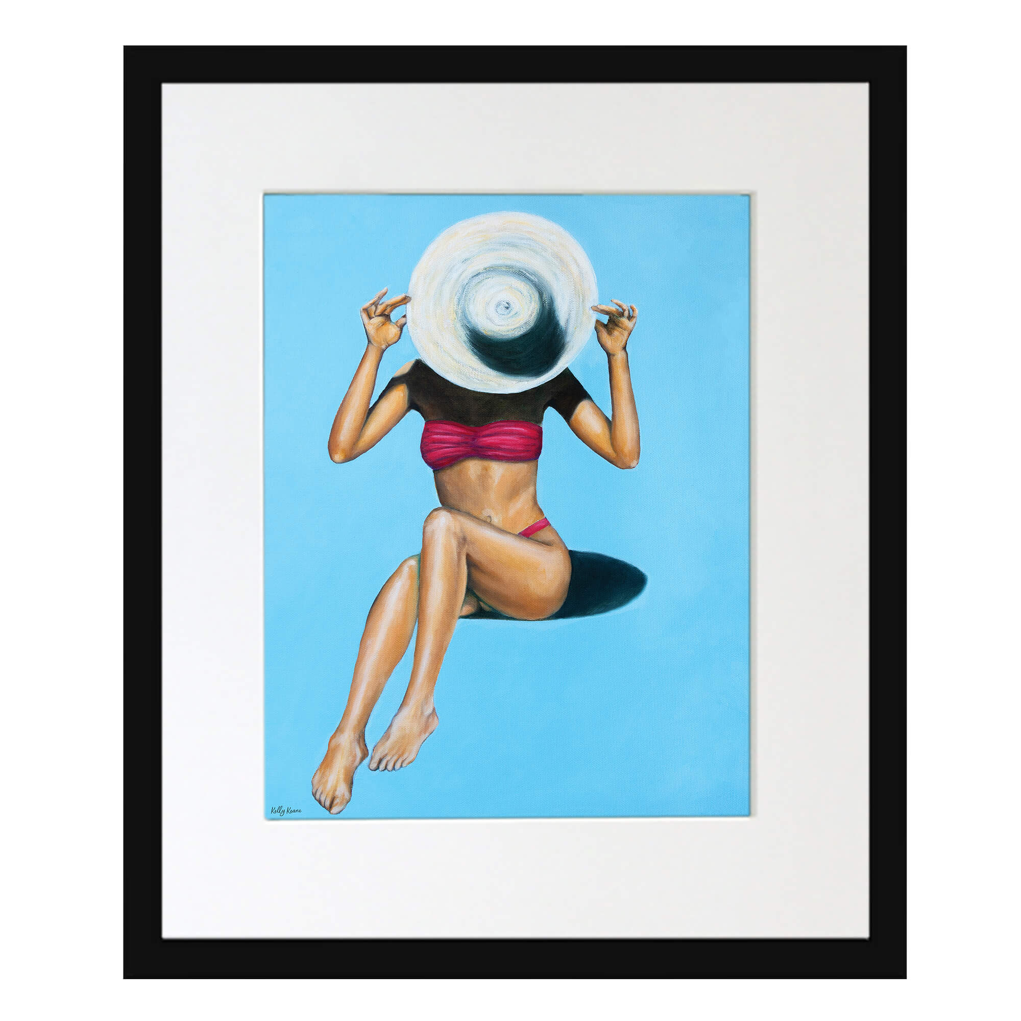 Matted art print featuring a woman holding her white hate by Hawaii artist Kelly Keane