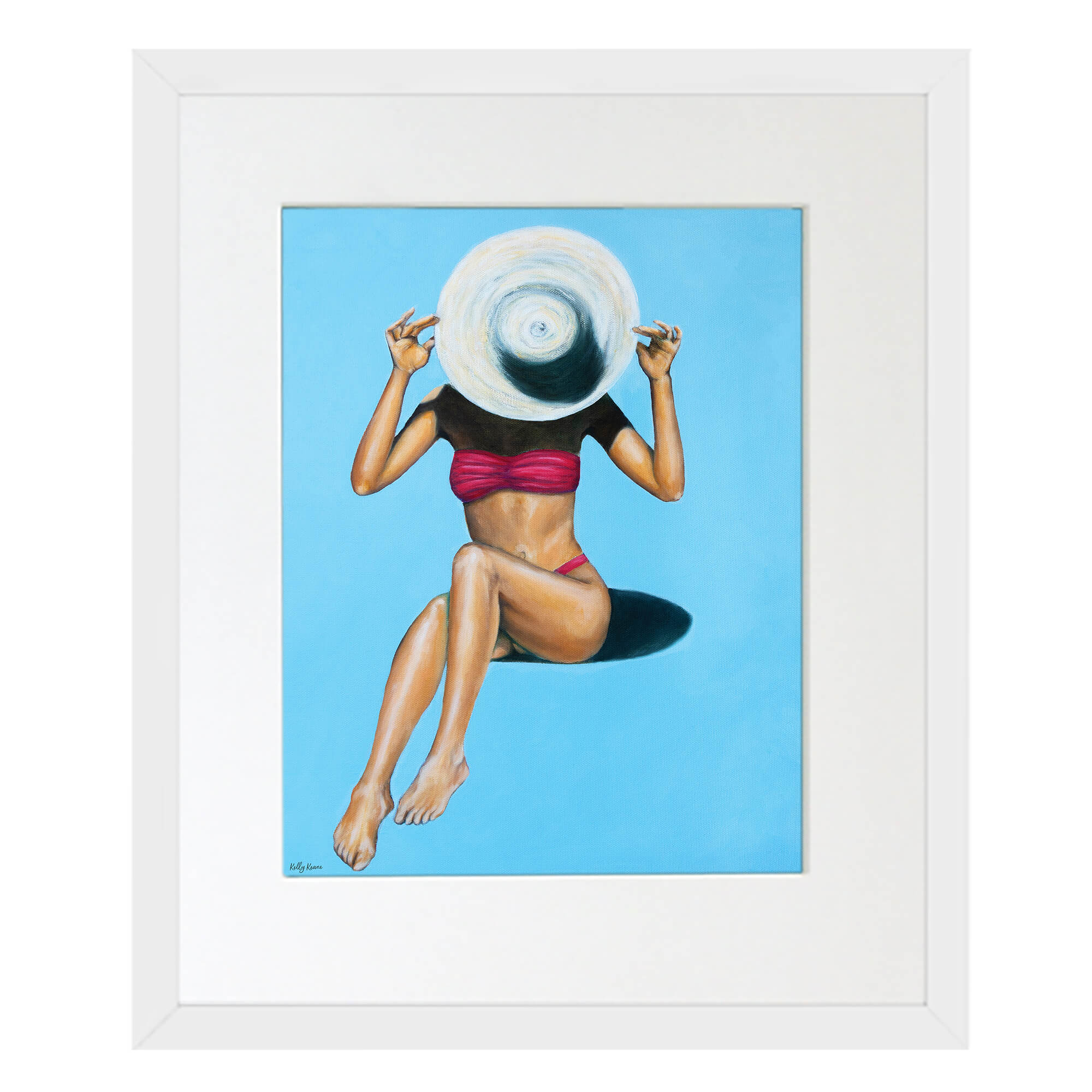 Matted art print of a woman enjoying her time at the beach by Hawaii artist Kelly Keane