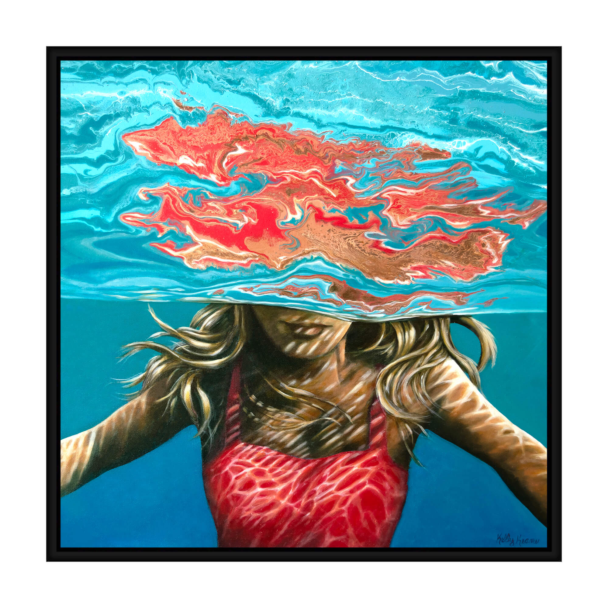 A canvas with black frame depicting a woman wearing a pink top  by hawaii artist Kelly Keane
