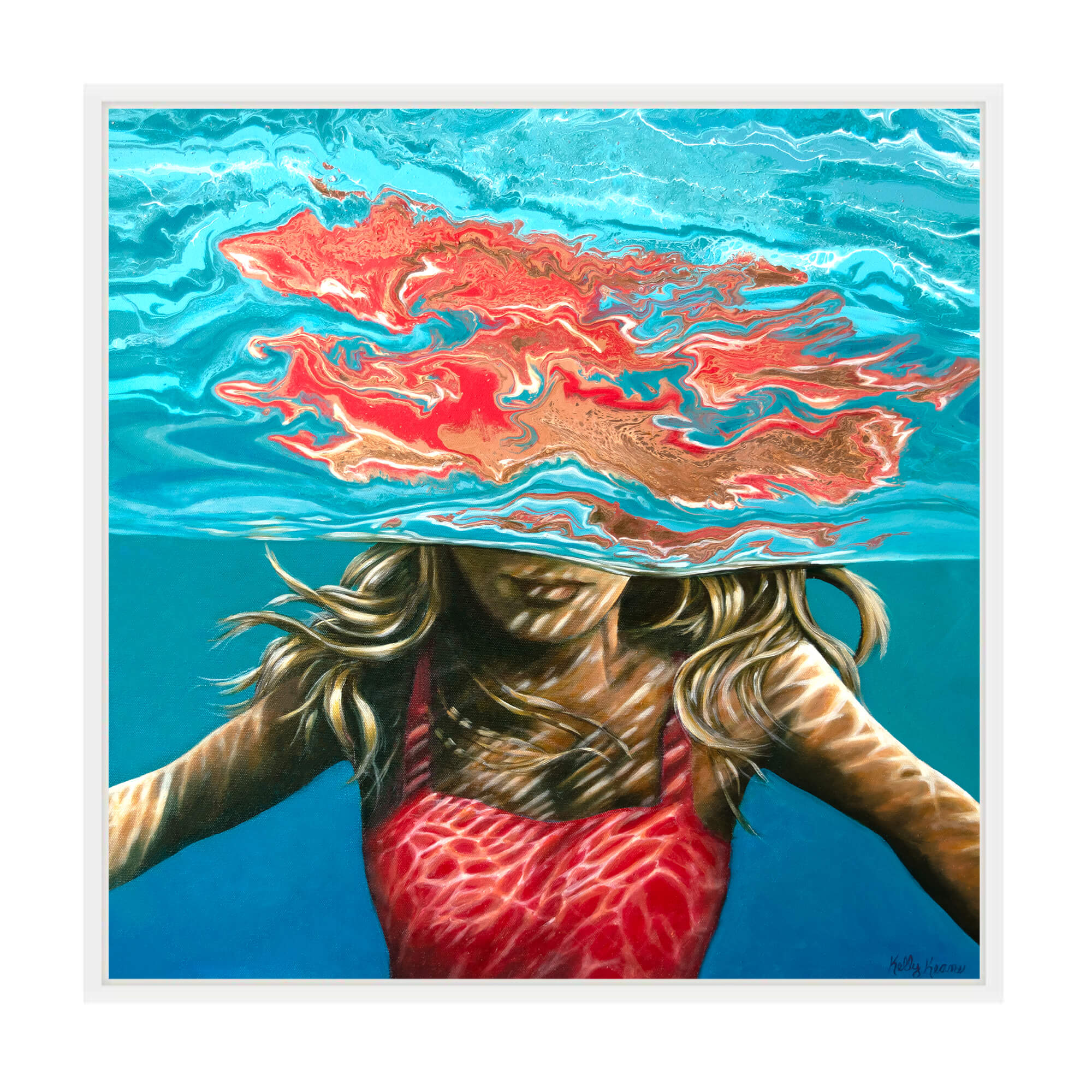 Canvas art print with white frame showcasing a woman wearing a pink top by hawaii artist Kelly Keane
