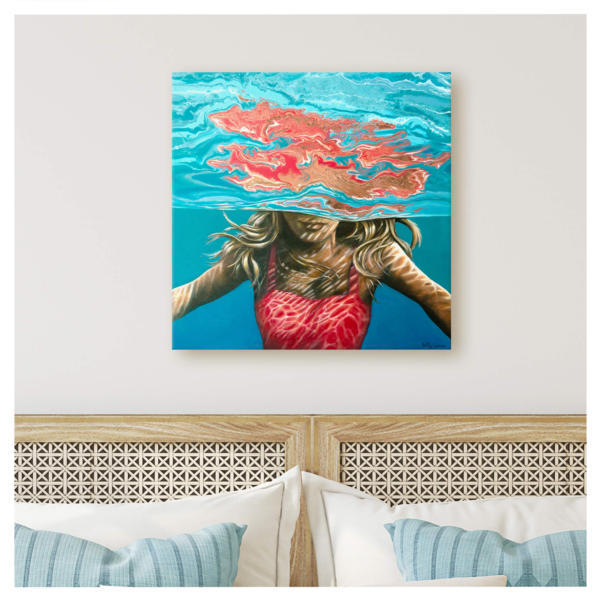 A canvas art print featuring a woman wearing a pink swimsuit  by hawaii artist Kelly Keane