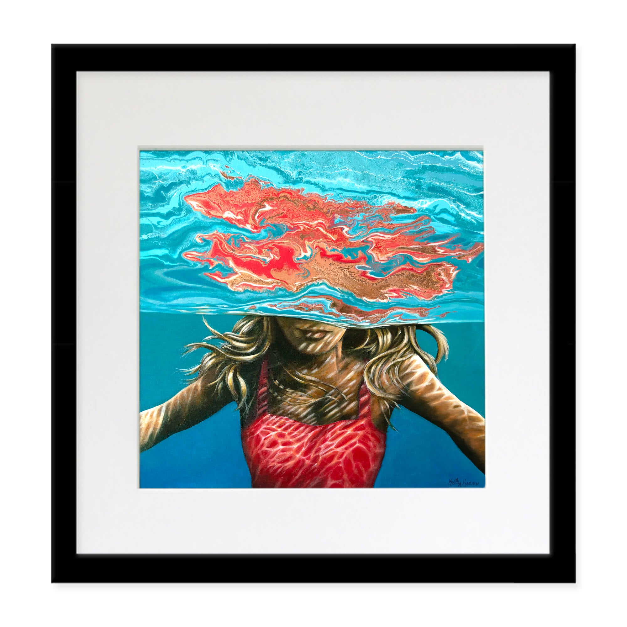 A matted art print with black frame featuring a woman sinking into the water  by hawaii artist Kelly Keane