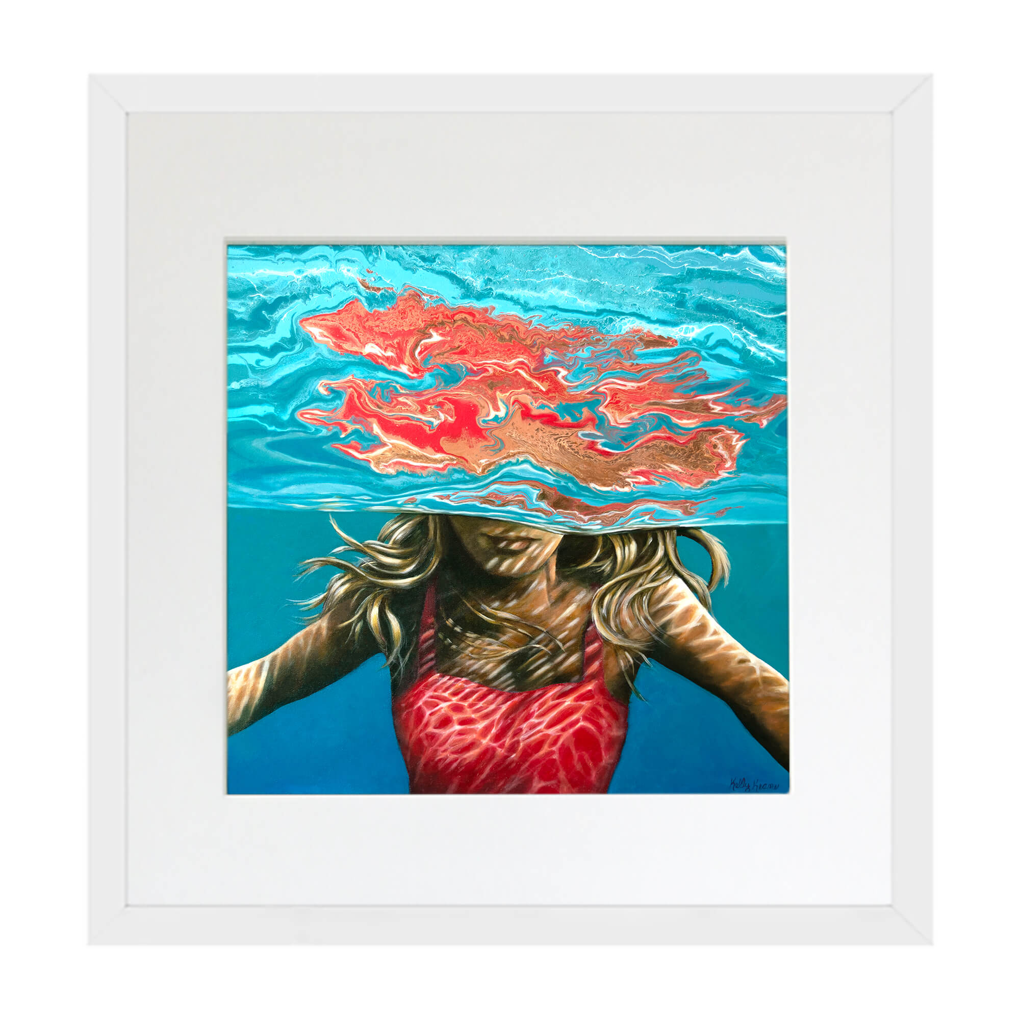 Matted art print with white frame featuring a woman wearing bikini  by hawaii artist Kelly Keane