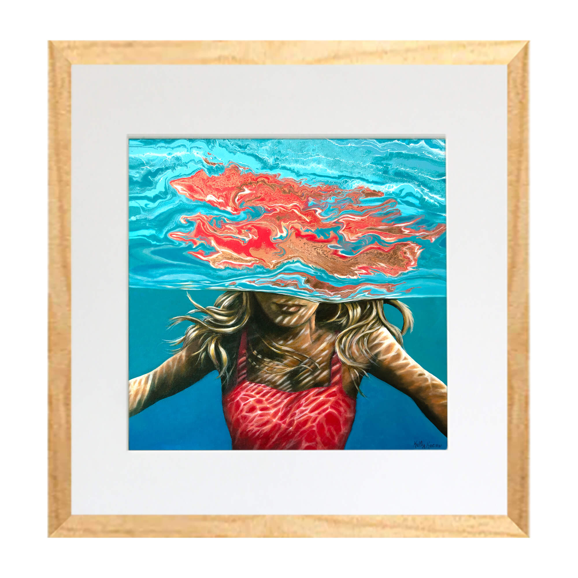 Matted art print with wood frame showcasing blonde woman underwater  by hawaii artist Kelly Keane