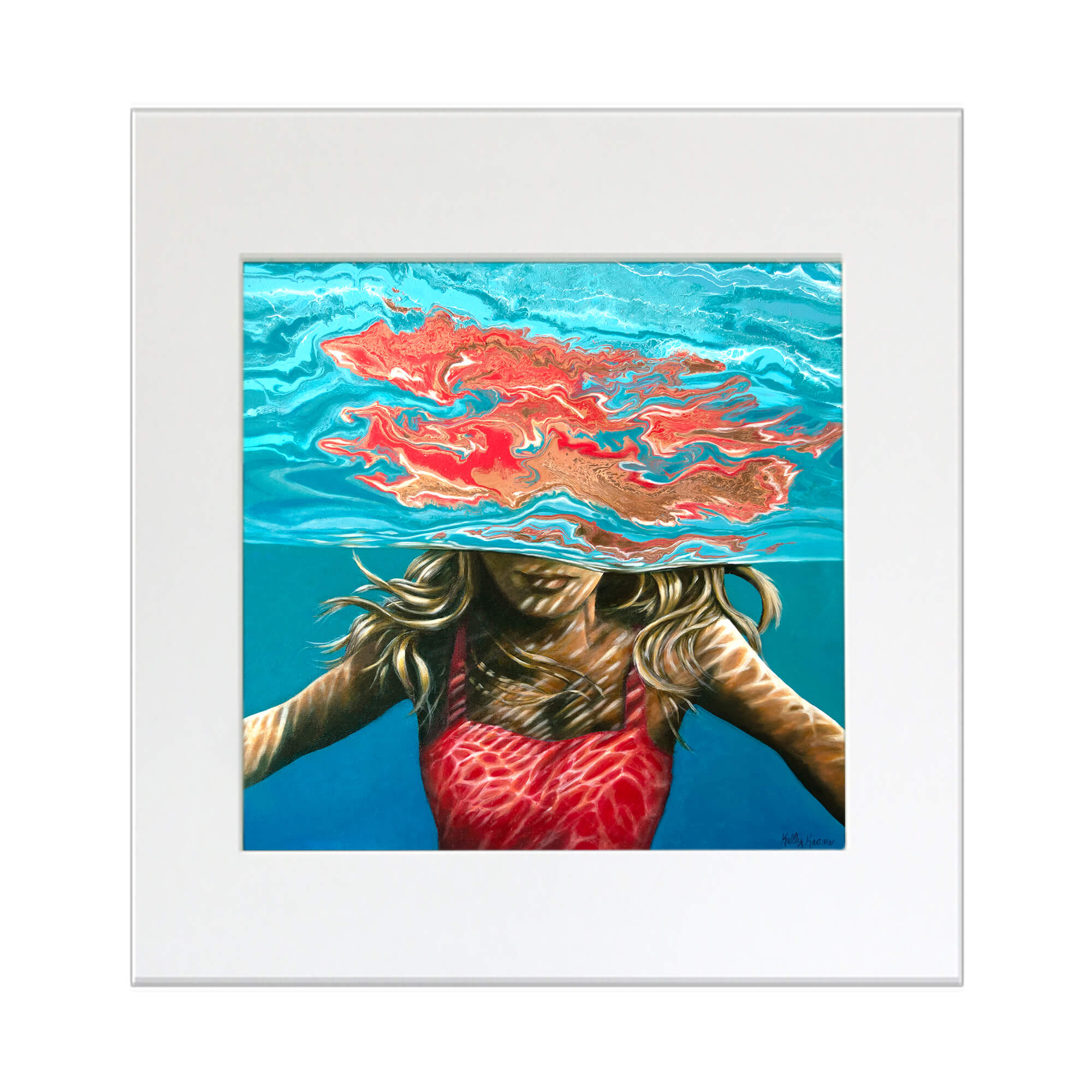 A matted art print featuring a woman underwater  by  by hawaii artist Kelly Keane