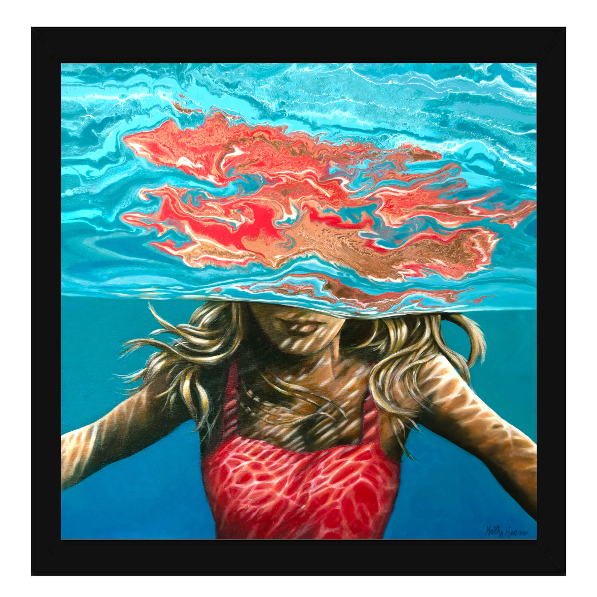 Paper art print with black frame showcasing a  blonde woman wearing a pink bikini underwater  by hawaii artist Kelly Keane