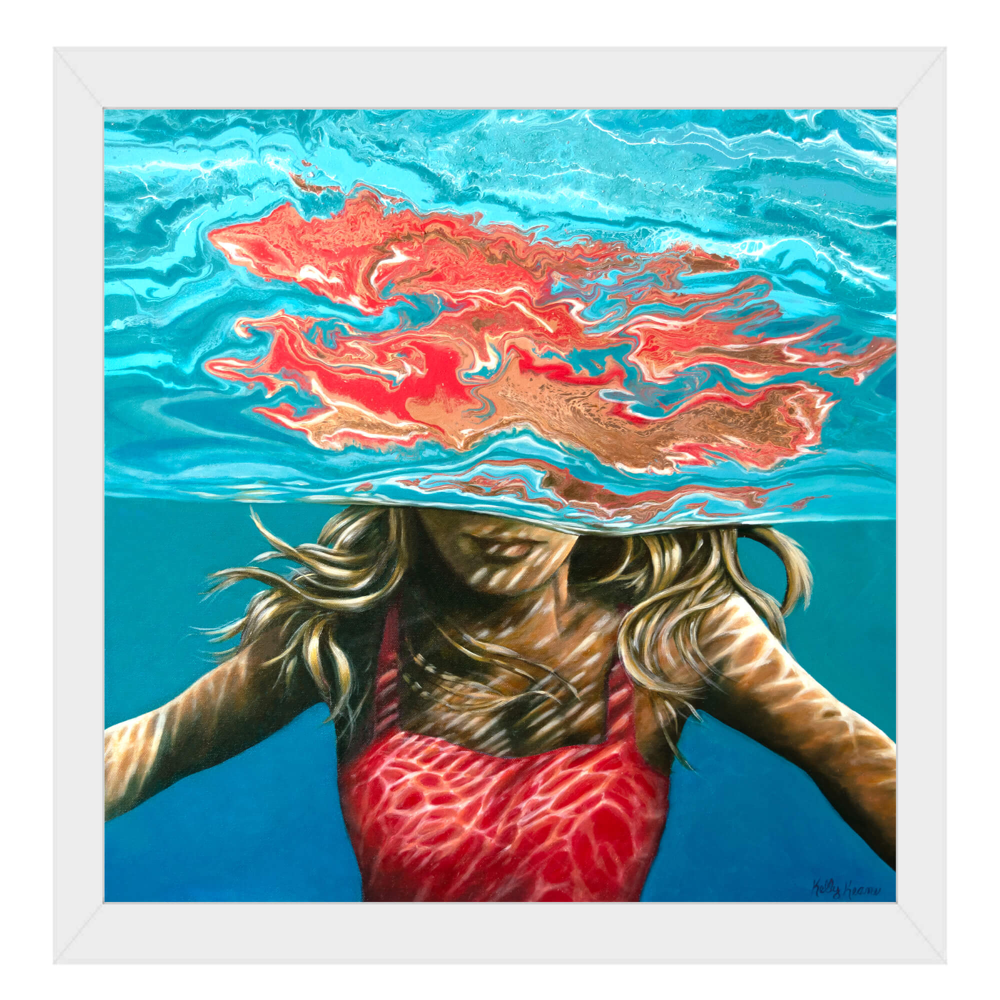 Paper art print featuring a woman submerged in the water  by hawaii artist Kelly Keane