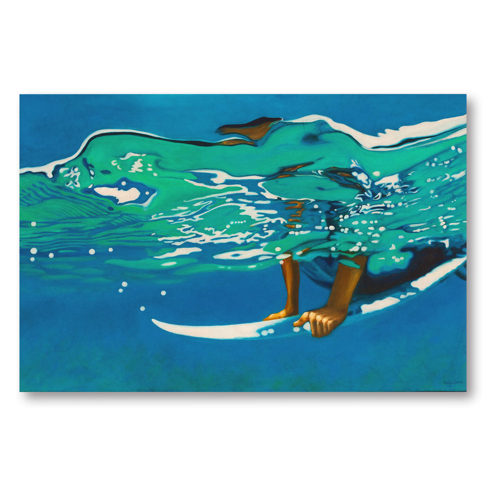 Birch wood print of a person on a surfboard with a crystal clear ocean water by Hawaii artist Kelly Keane