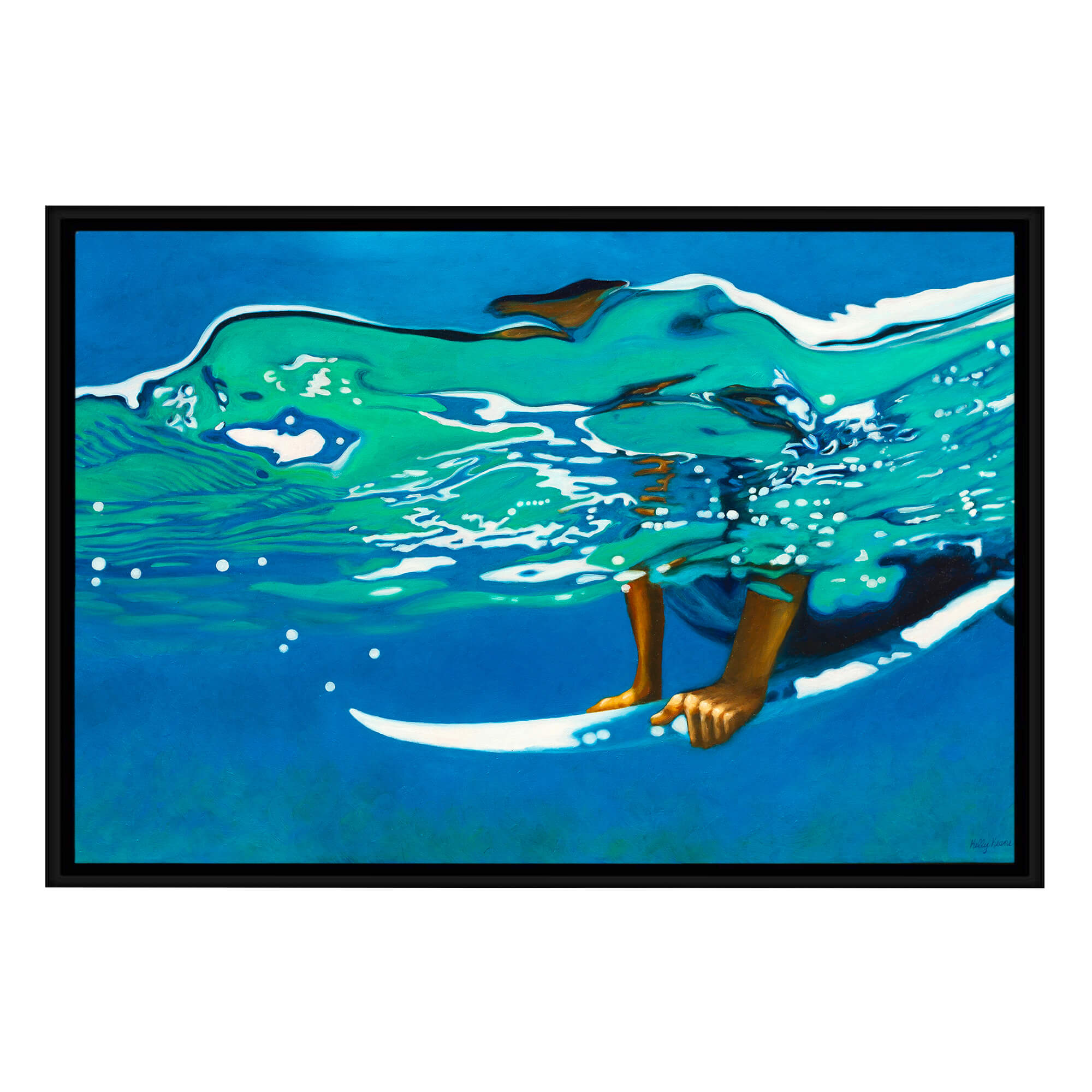 A canvas art print with black frame featuring a man surfing  by hawaii artist Kelly Keane