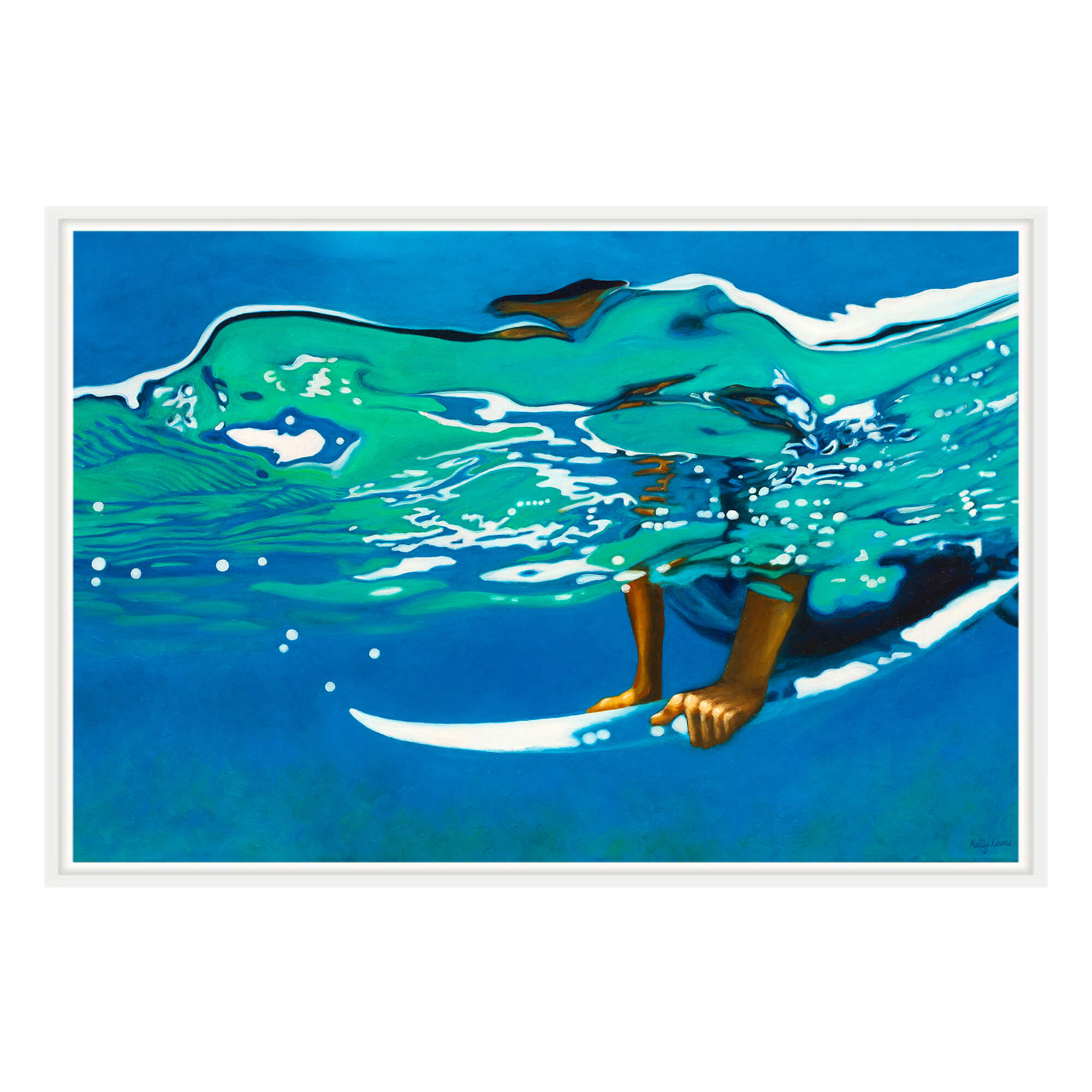 Canvas art print with white print featuring a man trying to duck over a big wave  by hawaii artist Kelly Keane