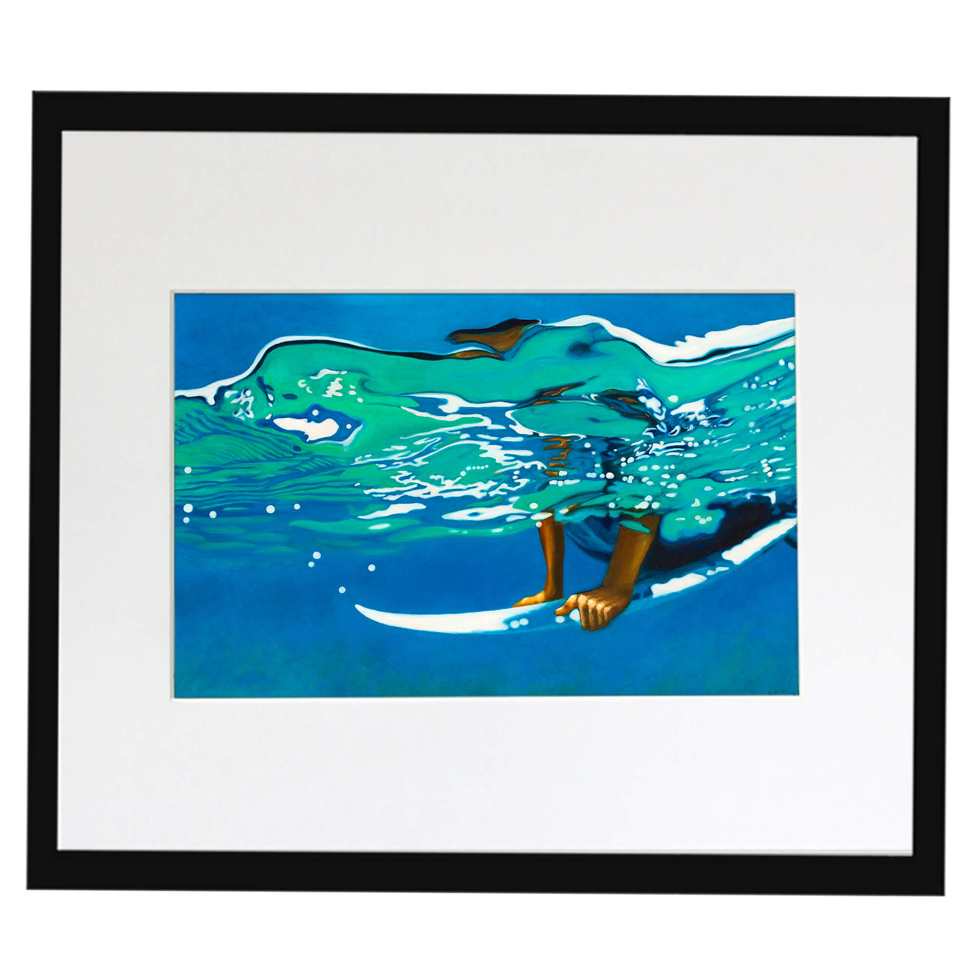 A matted art print with black frame featuring a person surfing in the blue sea  by hawaii artist Kelly Keane