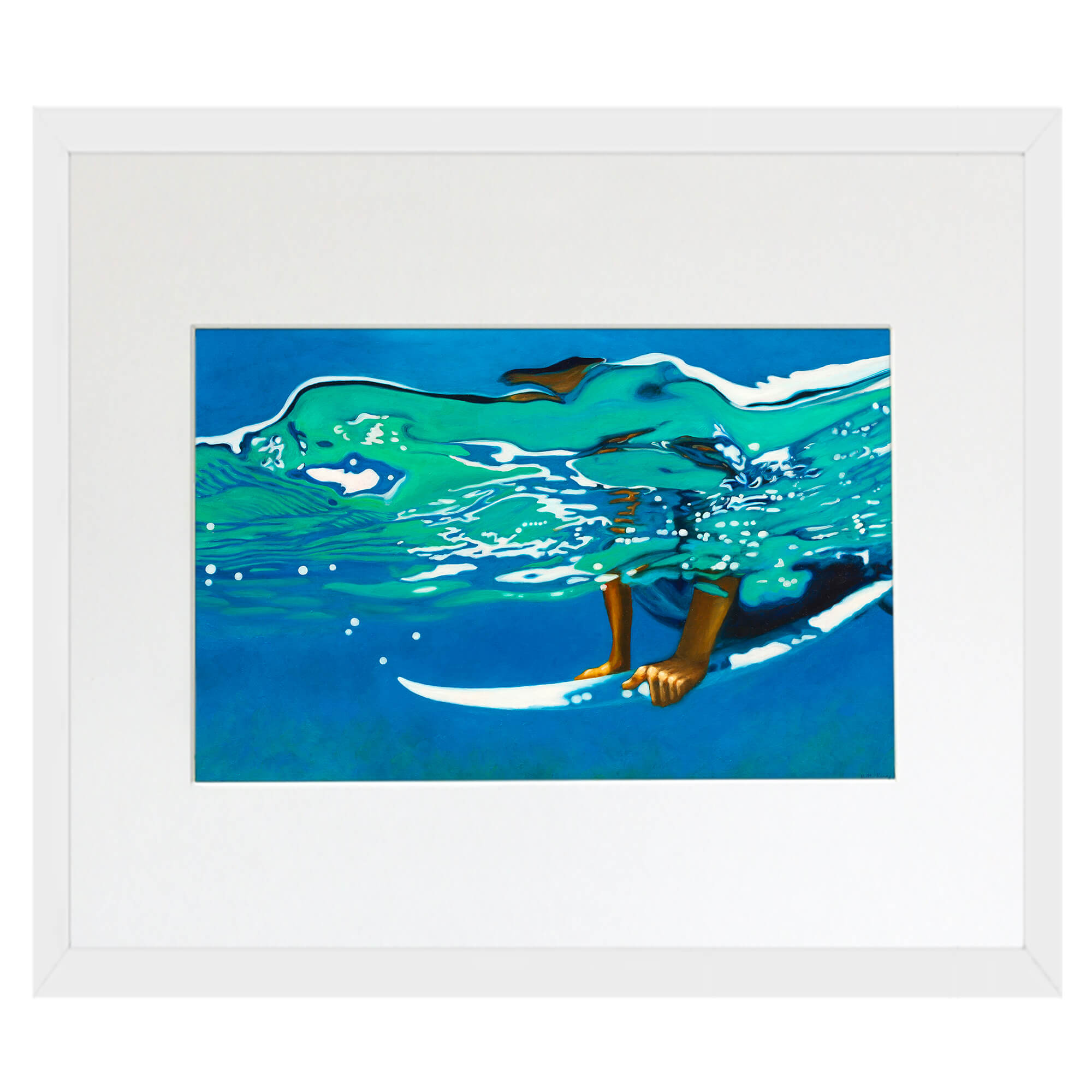 A matted art print with white frame featuring a woman surfing  by hawaii artist Kelly Keane