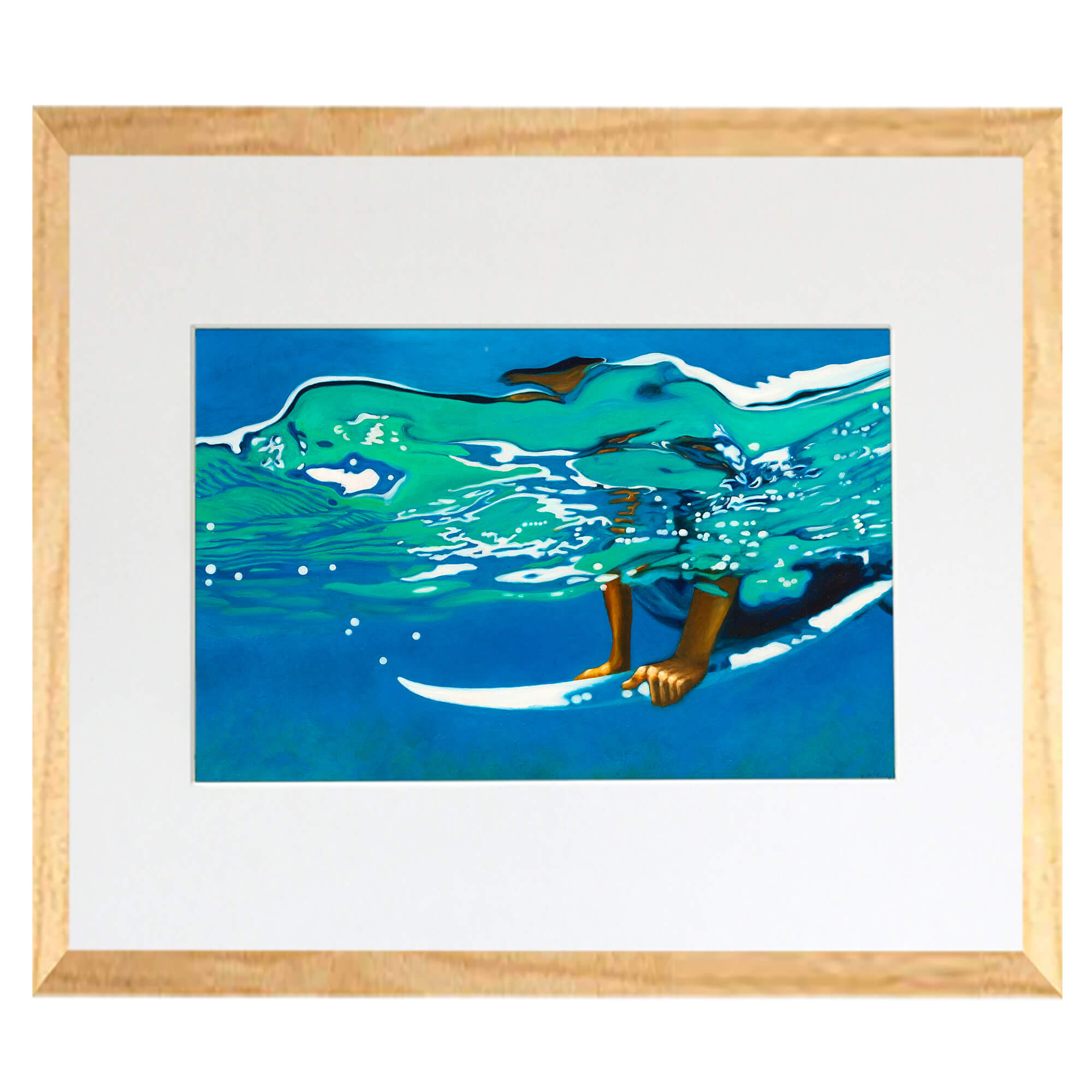 Matted art print with wood frame featuring a man surfing in the deep water  by hawaii artist Kelly Keane