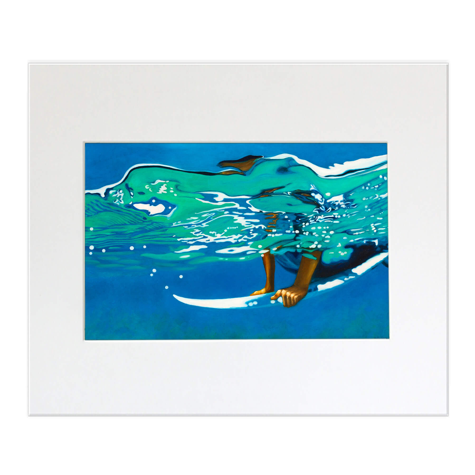 Matted art print depicting a person surfing in the calm sea  by hawaii artist Kelly Keane