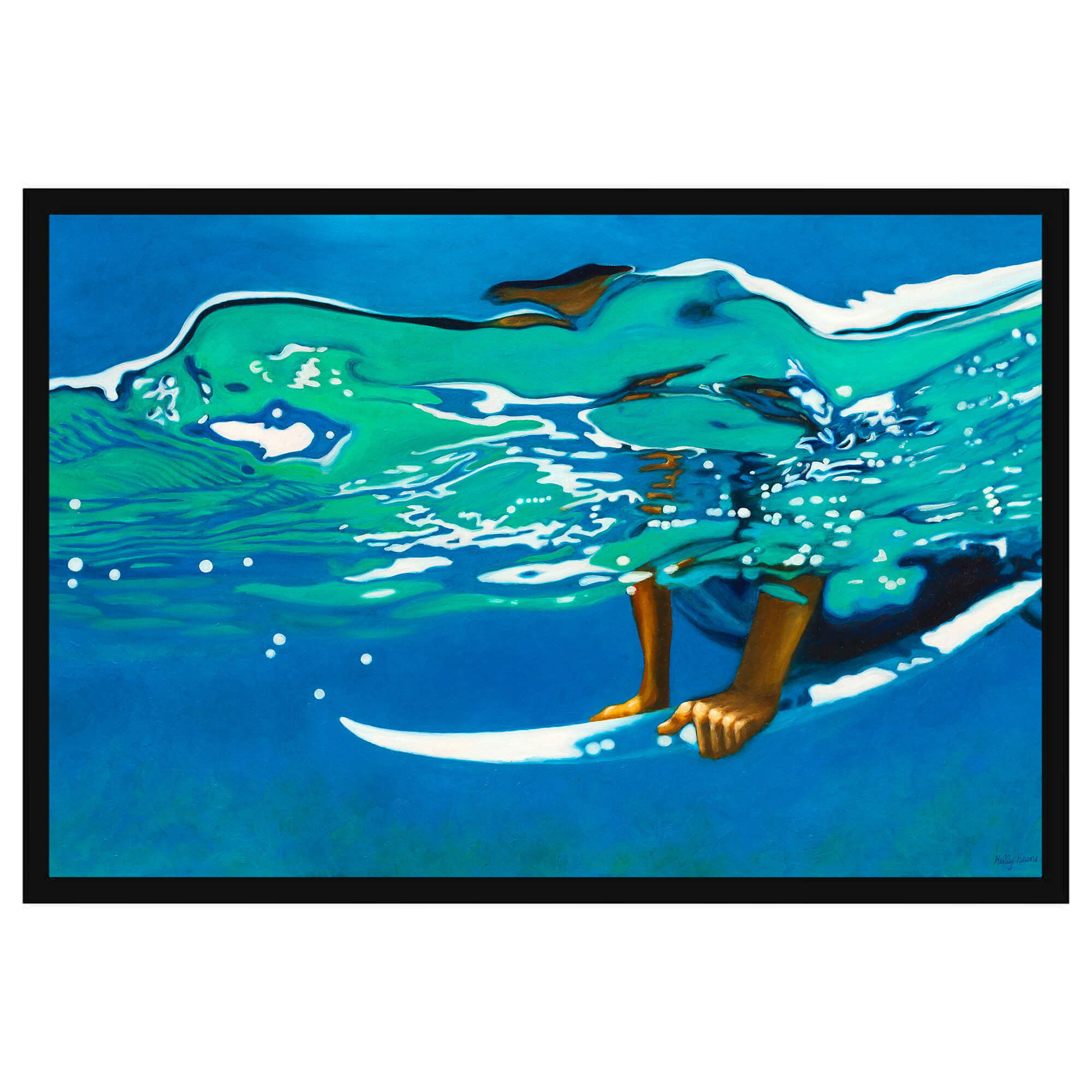 Paper art print with black frame showcasing a woman enjoying surfing under the heat  by hawaii artist Kelly Keane