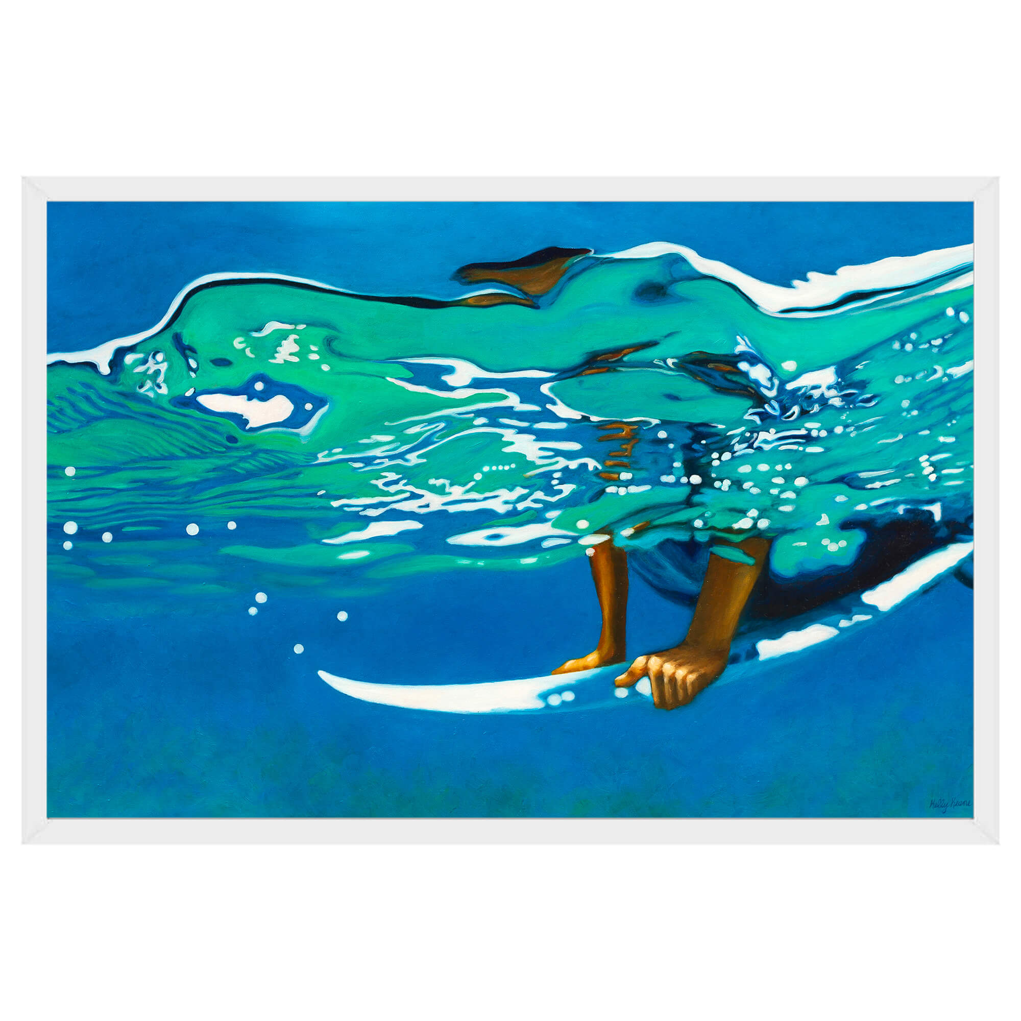 A paper art print with white frame showcasing a man with a surfboard in a clear water  by hawaii artist Kelly Keane