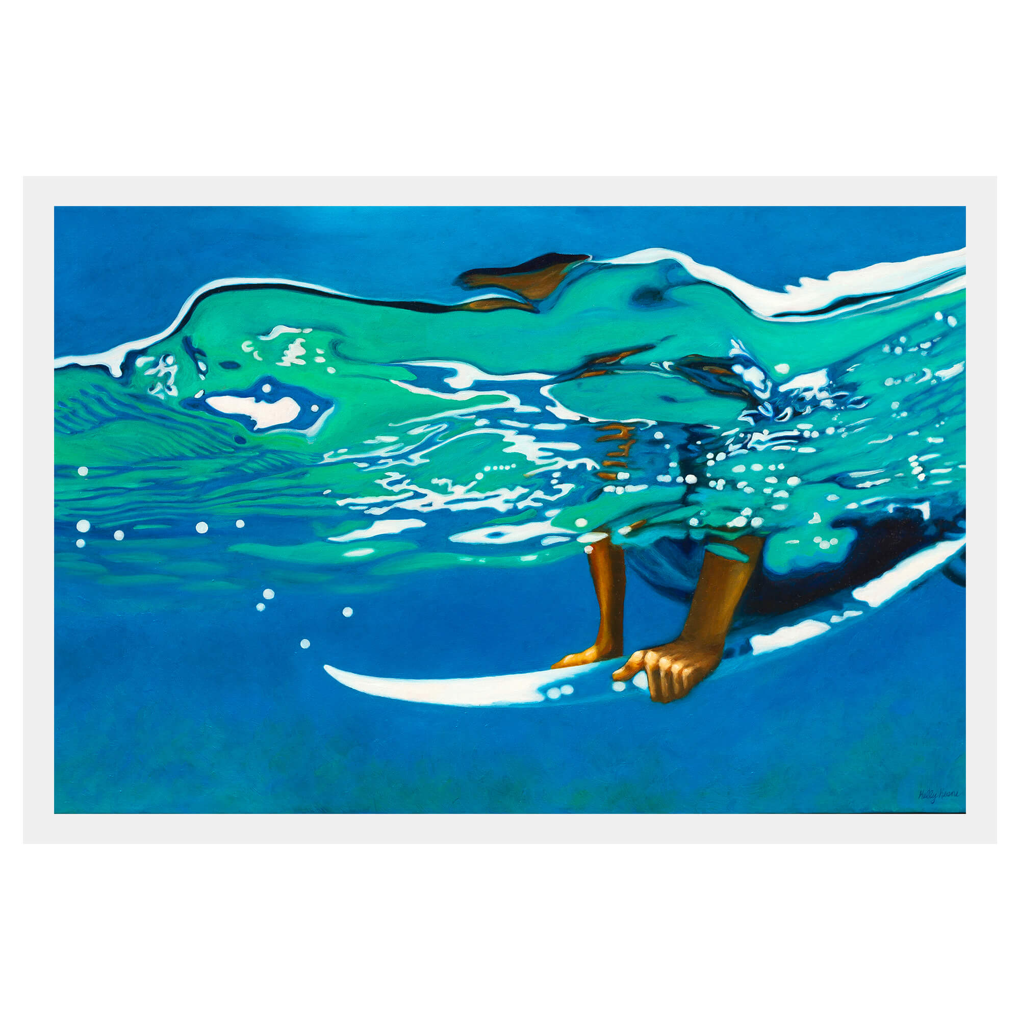Paper art print of a person on a surfboard going towards large crashing waves by Hawaii artist Kelly Keane