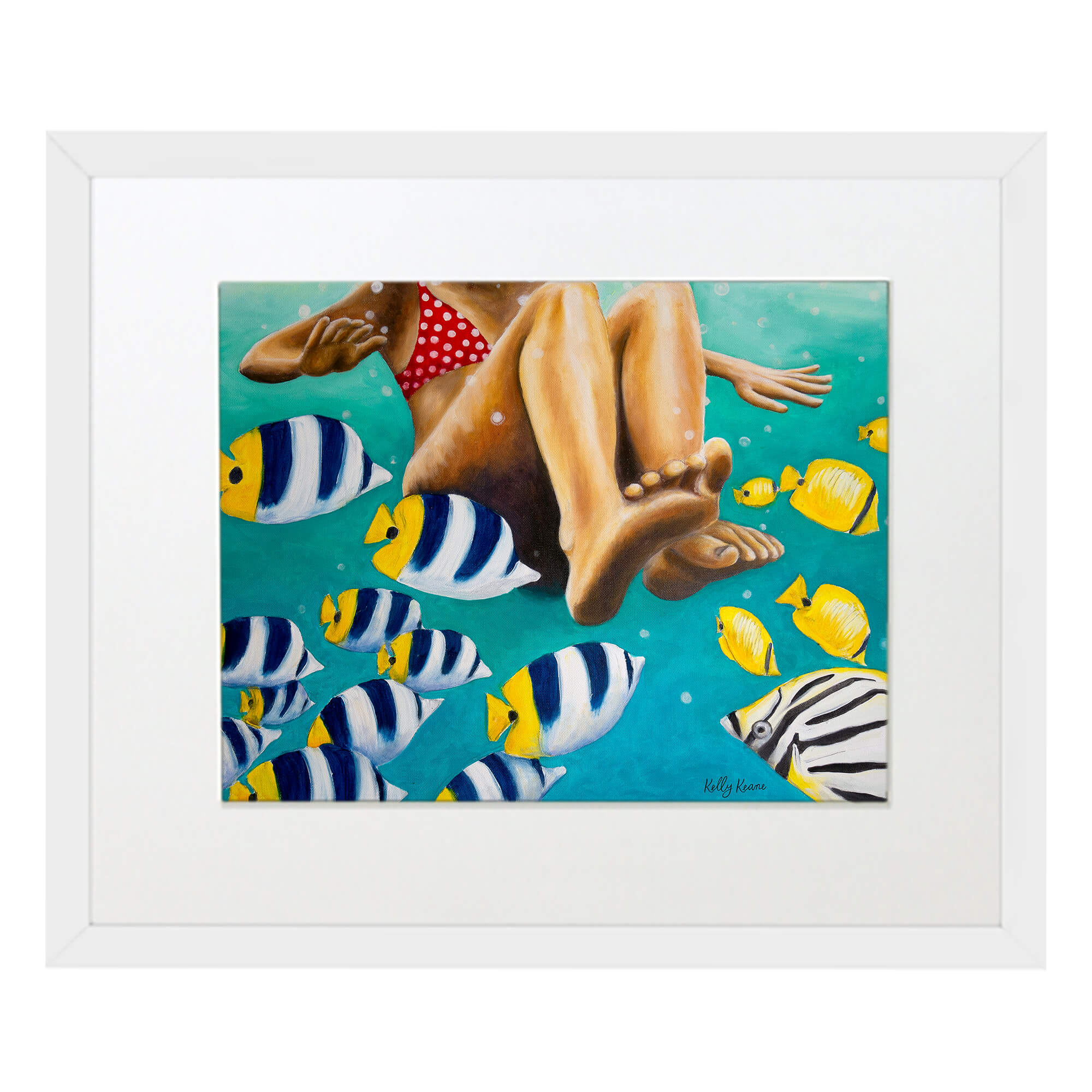 Matted art print with white frame featuring colorful fishes under the sea by hawaii artist Kelly Keane