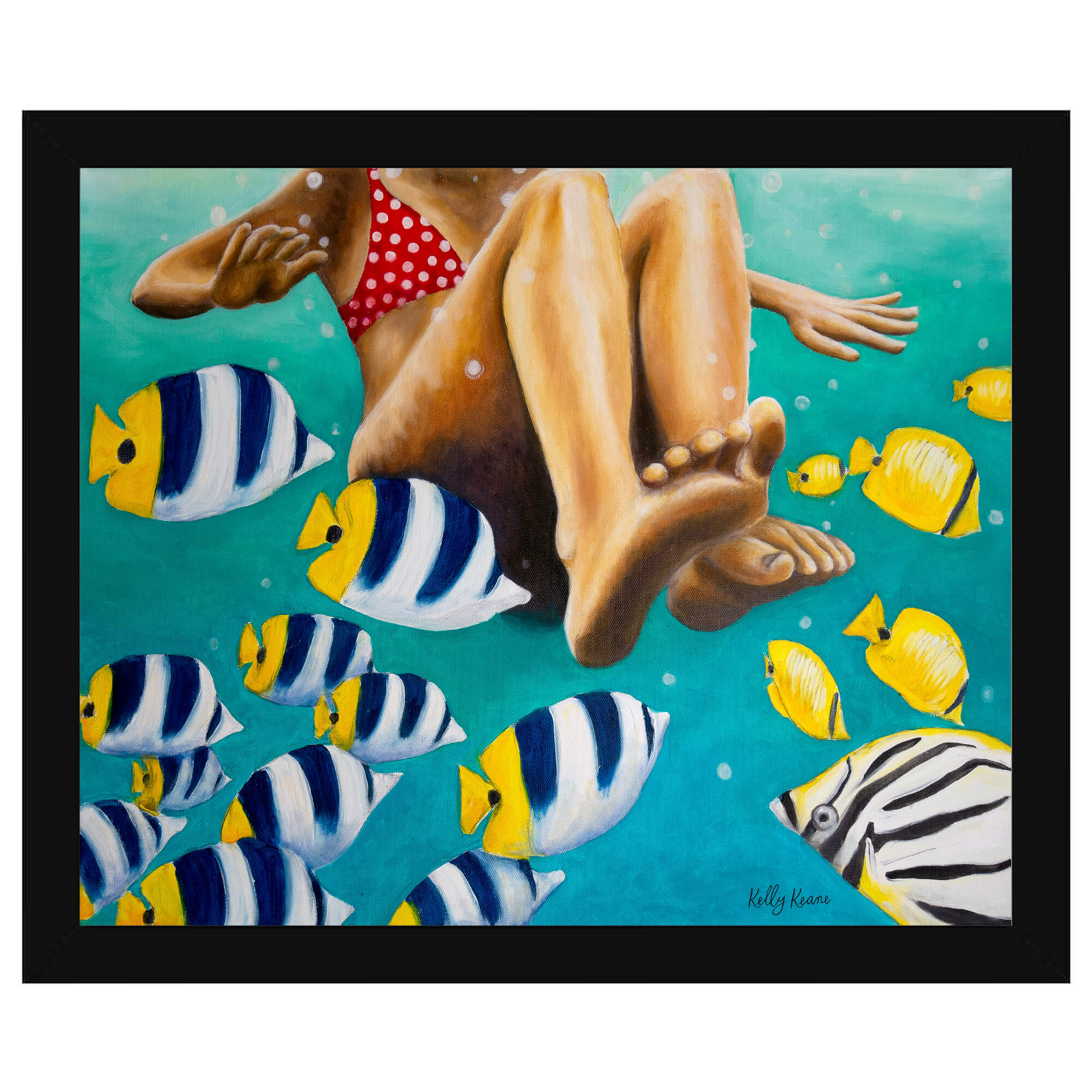 Paper art print with black frame depicting a woman swimming in the deep blue sea by hawaii artist Kelly Keane