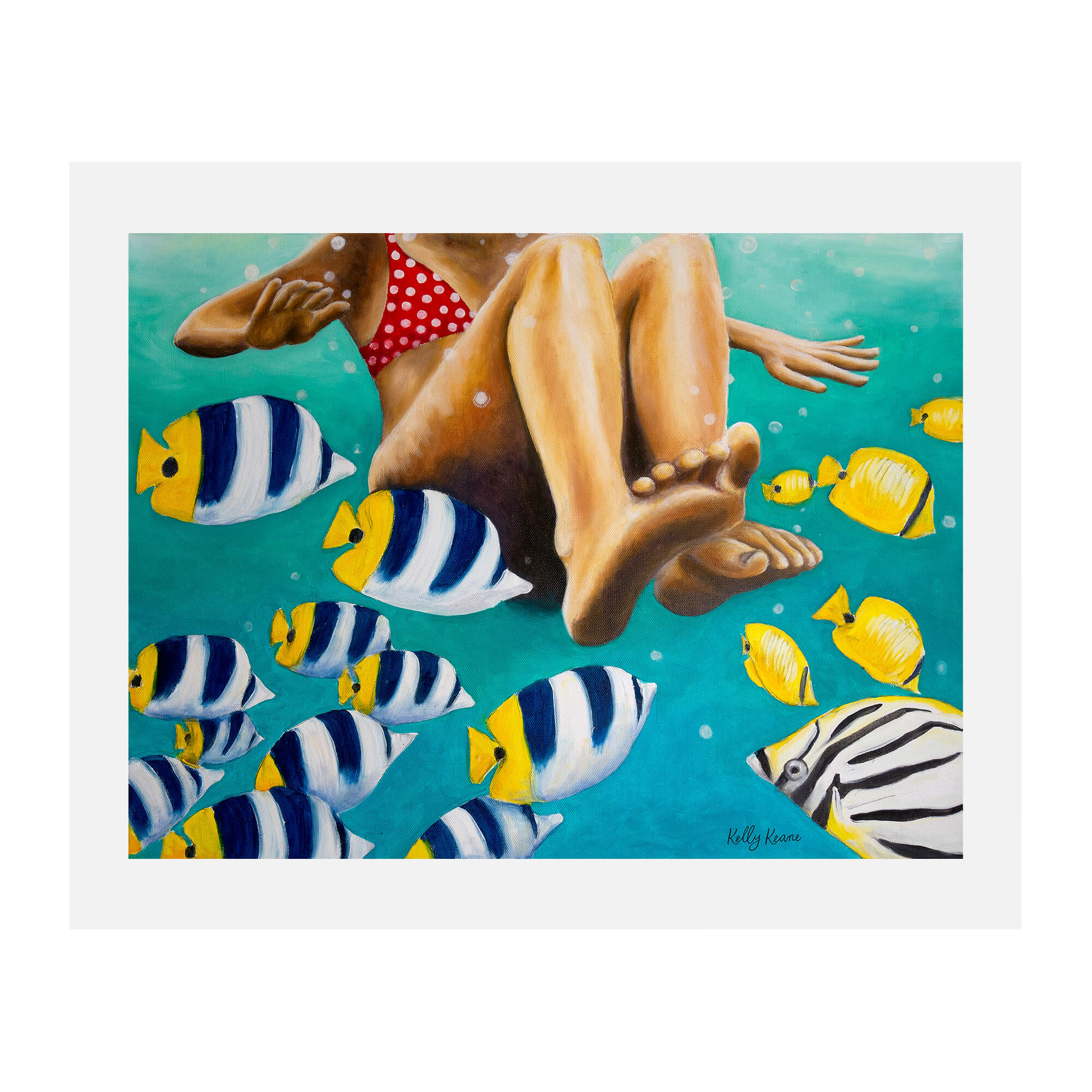 Paper art print featuring a woman swimming in deep water by hawaii artist Kelly Keane
