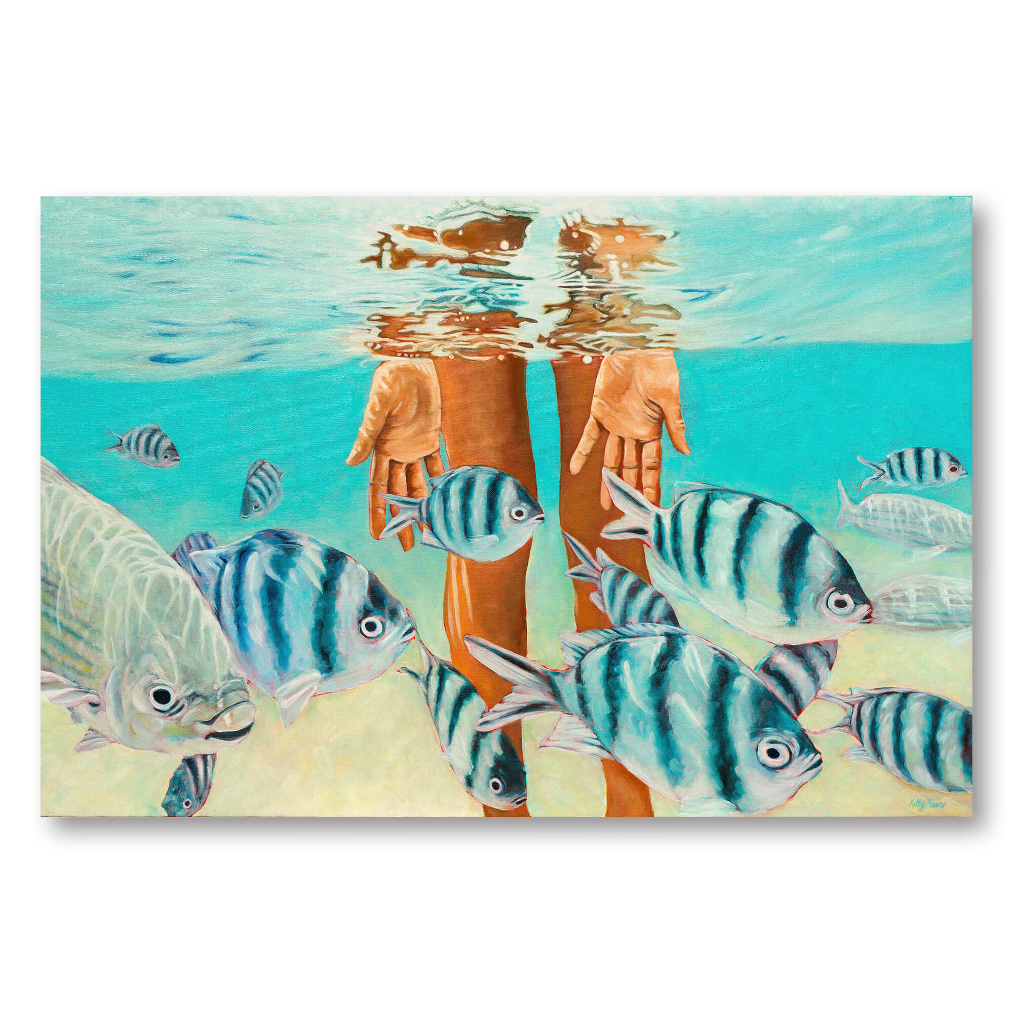 Wood art print of a person playing with some fish underwater by Hawaii artist Kelly Keane
