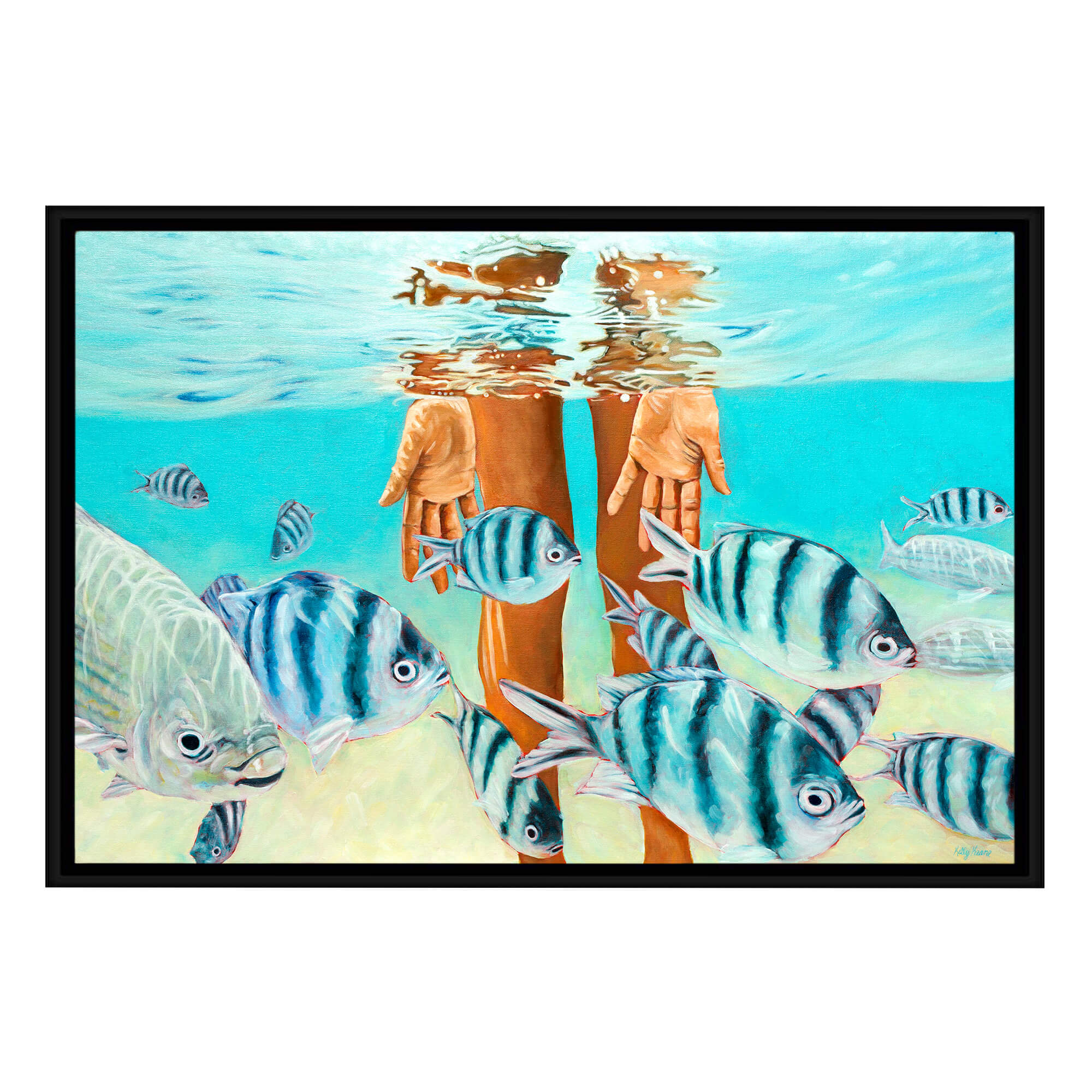 Canvas art print with black frame showcasing a hand submerged underwater  by hawaii artist Kelly Keane
