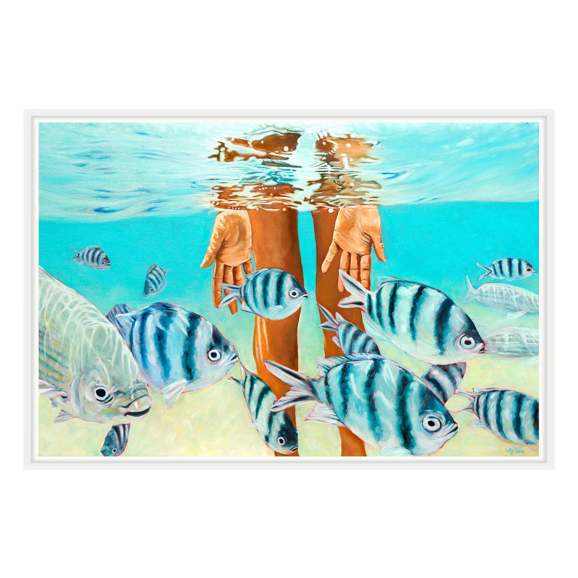Canvas  art print with white frame featuring hands submerged in clear blue water  by hawaii artist Kelly Keane