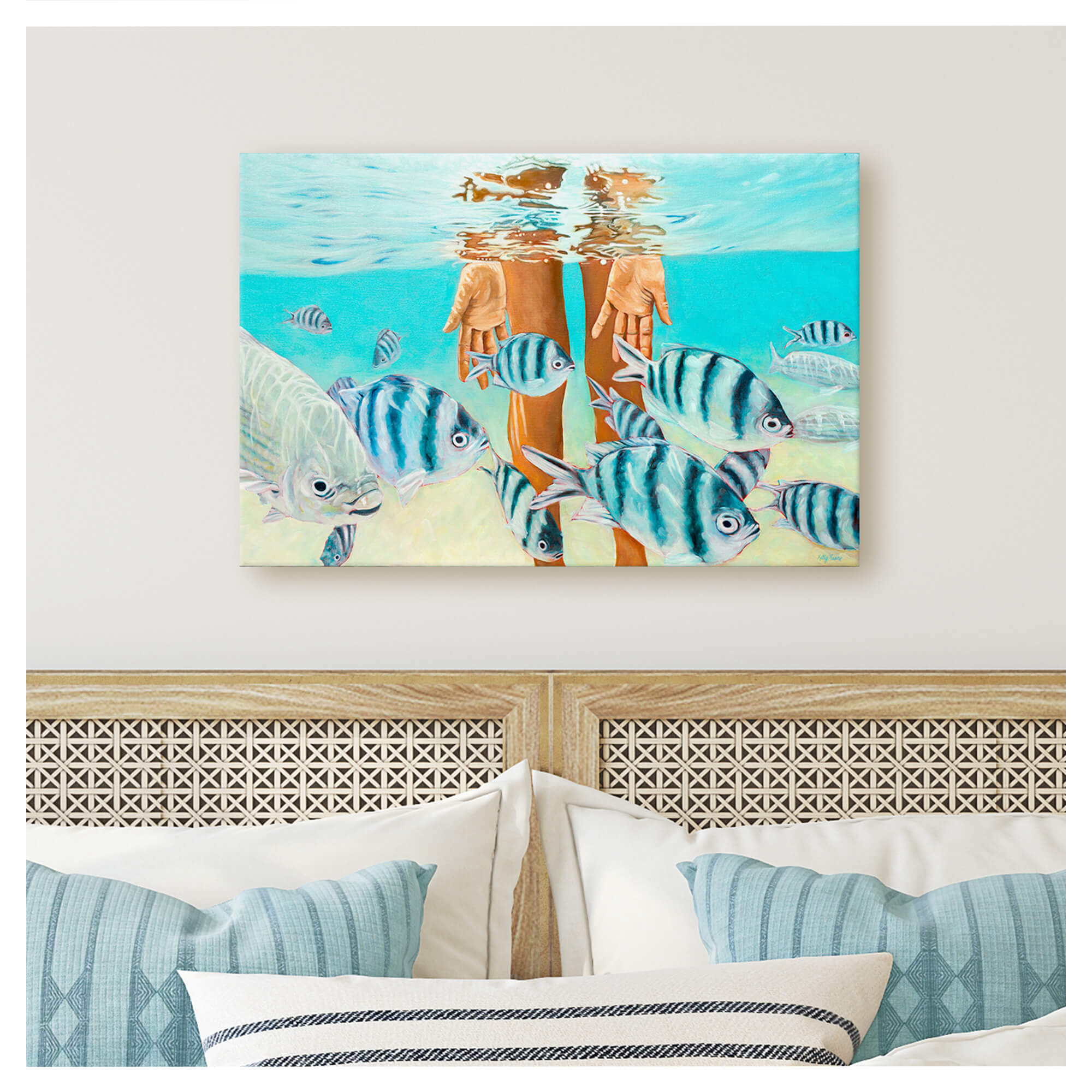 Canvas art print featuring a group of blue fish  by hawaii artist Kelly Keane