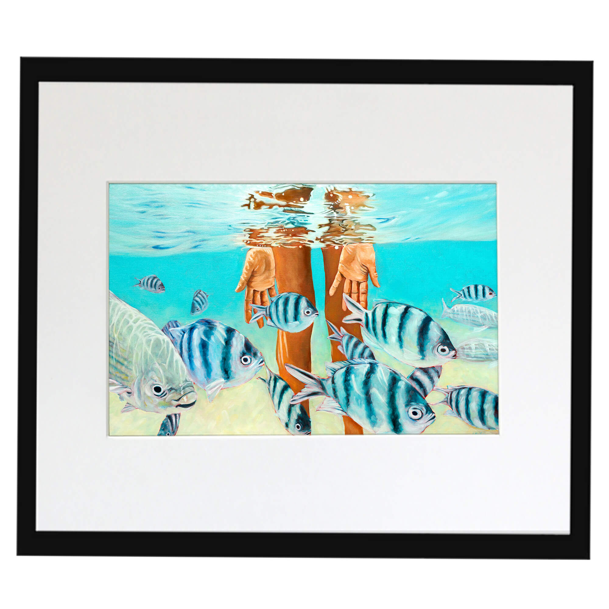 Matted art print with black frame showcasing a bunch of blush fish  by hawaii artist Kelly Keane