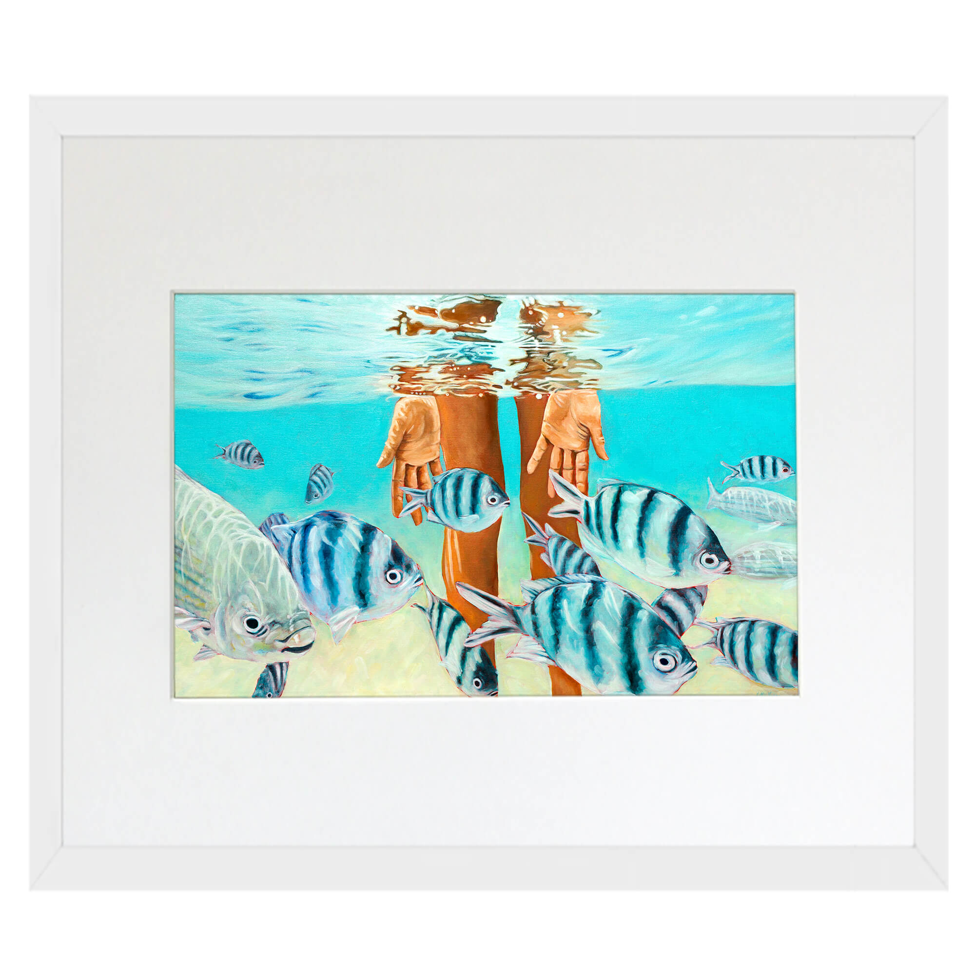 A matted art print featuring blue fishes swimming  by hawaii artist Kelly Keane